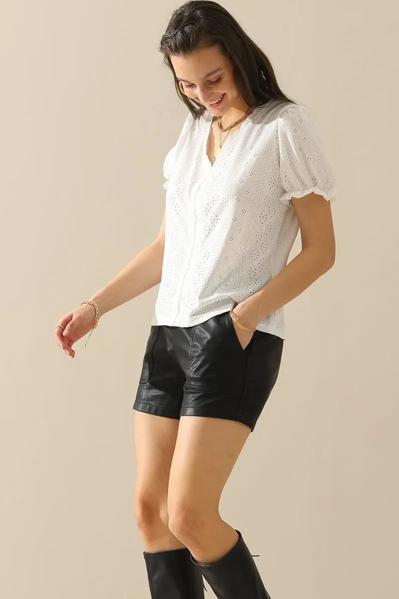 BUTTON POINT PUNCHING LACE FRILL PUFF BLOUSE