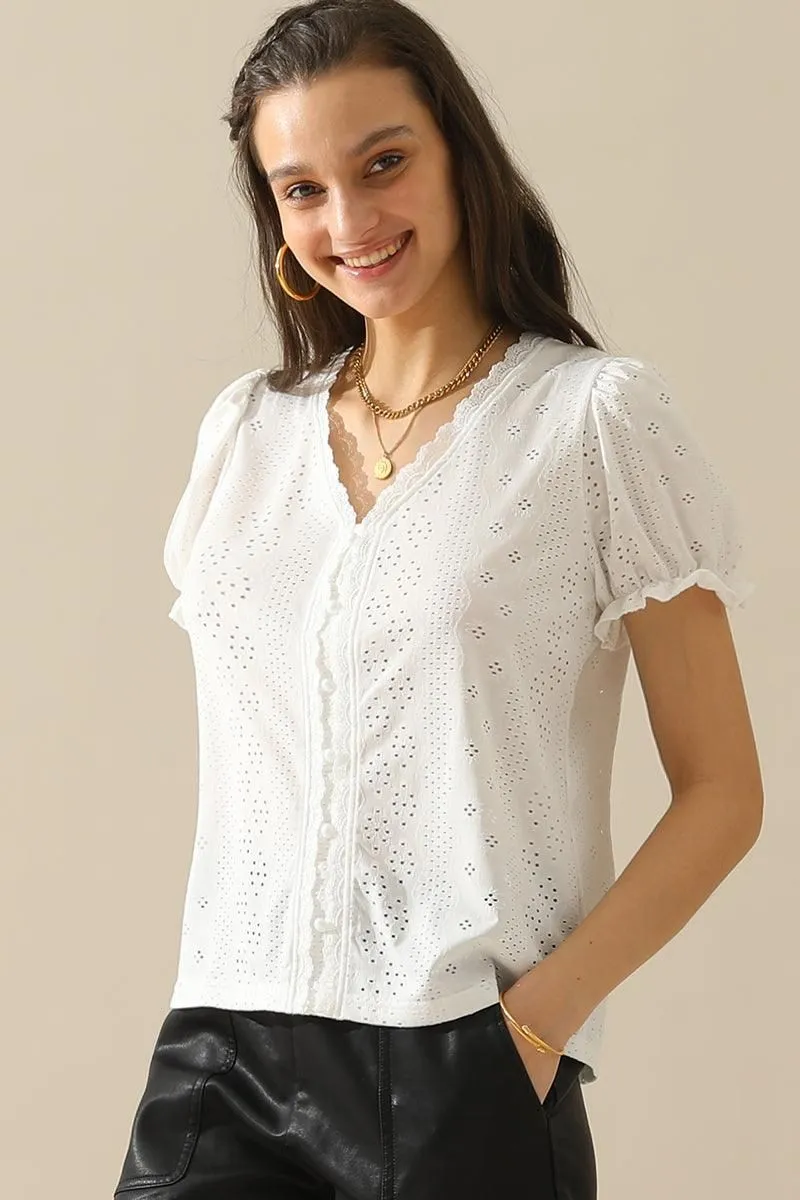 BUTTON POINT PUNCHING LACE FRILL PUFF BLOUSE