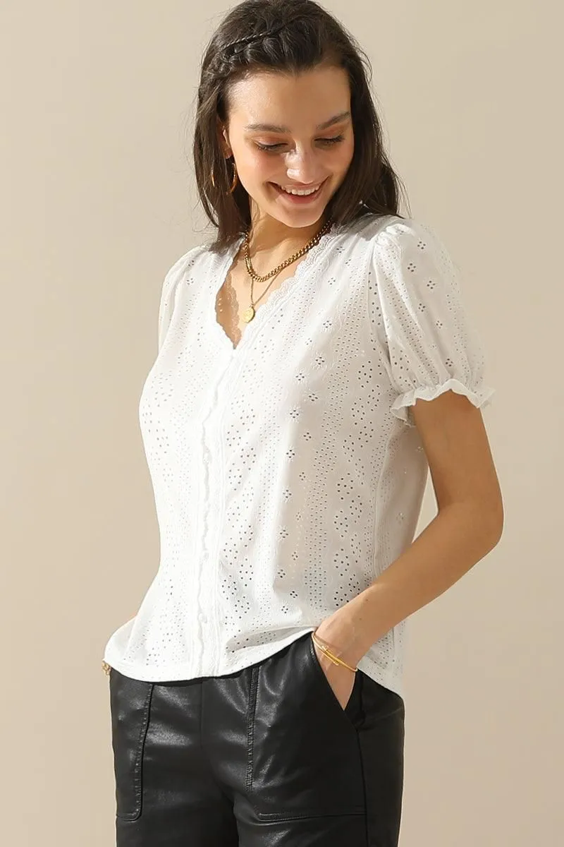 BUTTON POINT PUNCHING LACE FRILL PUFF BLOUSE