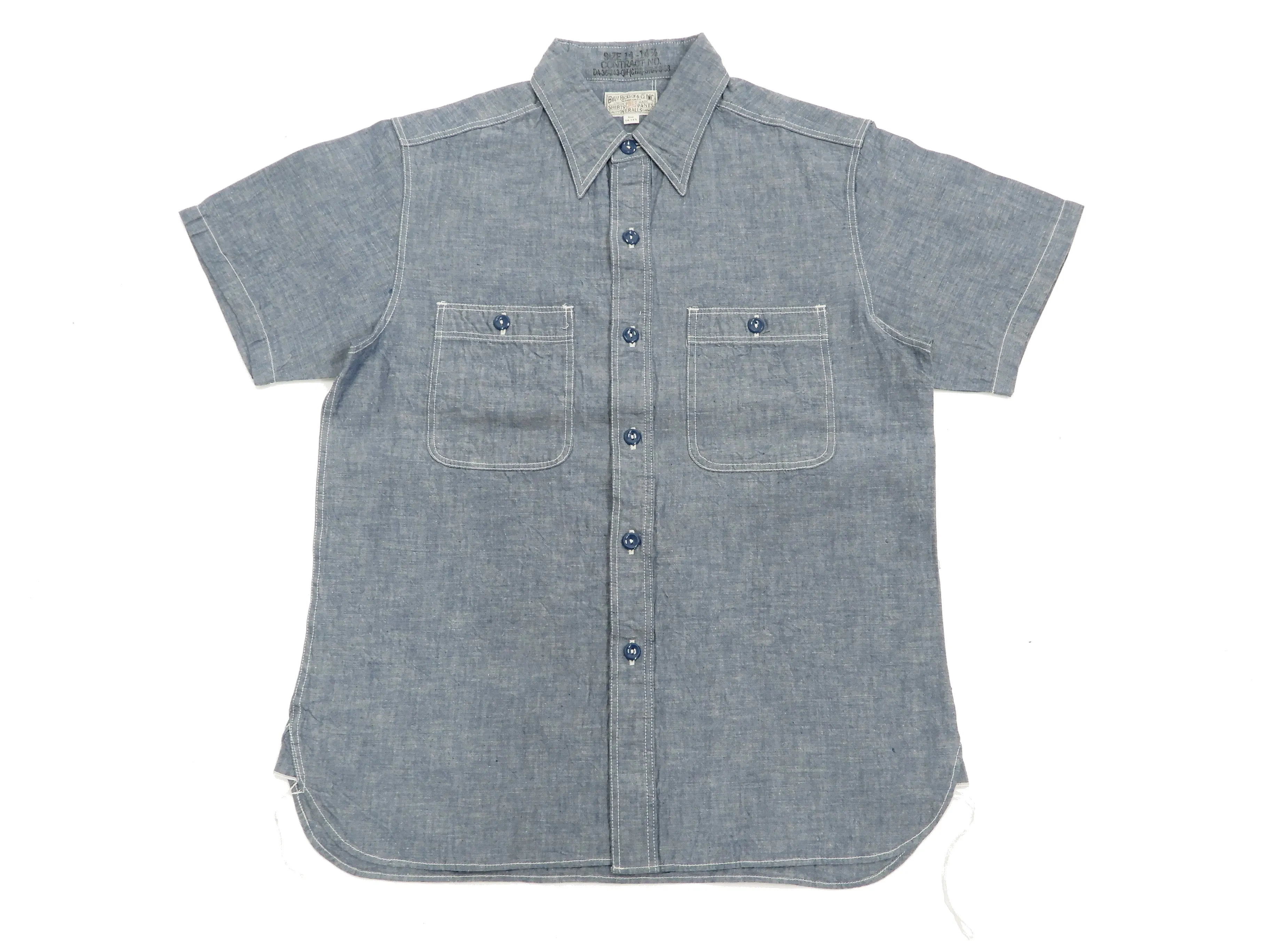 Buzz Rickson Chambray Shirt, Men's U.S. Navy Military Style Short Sleeve Button Up Shirt BR35856 Blue