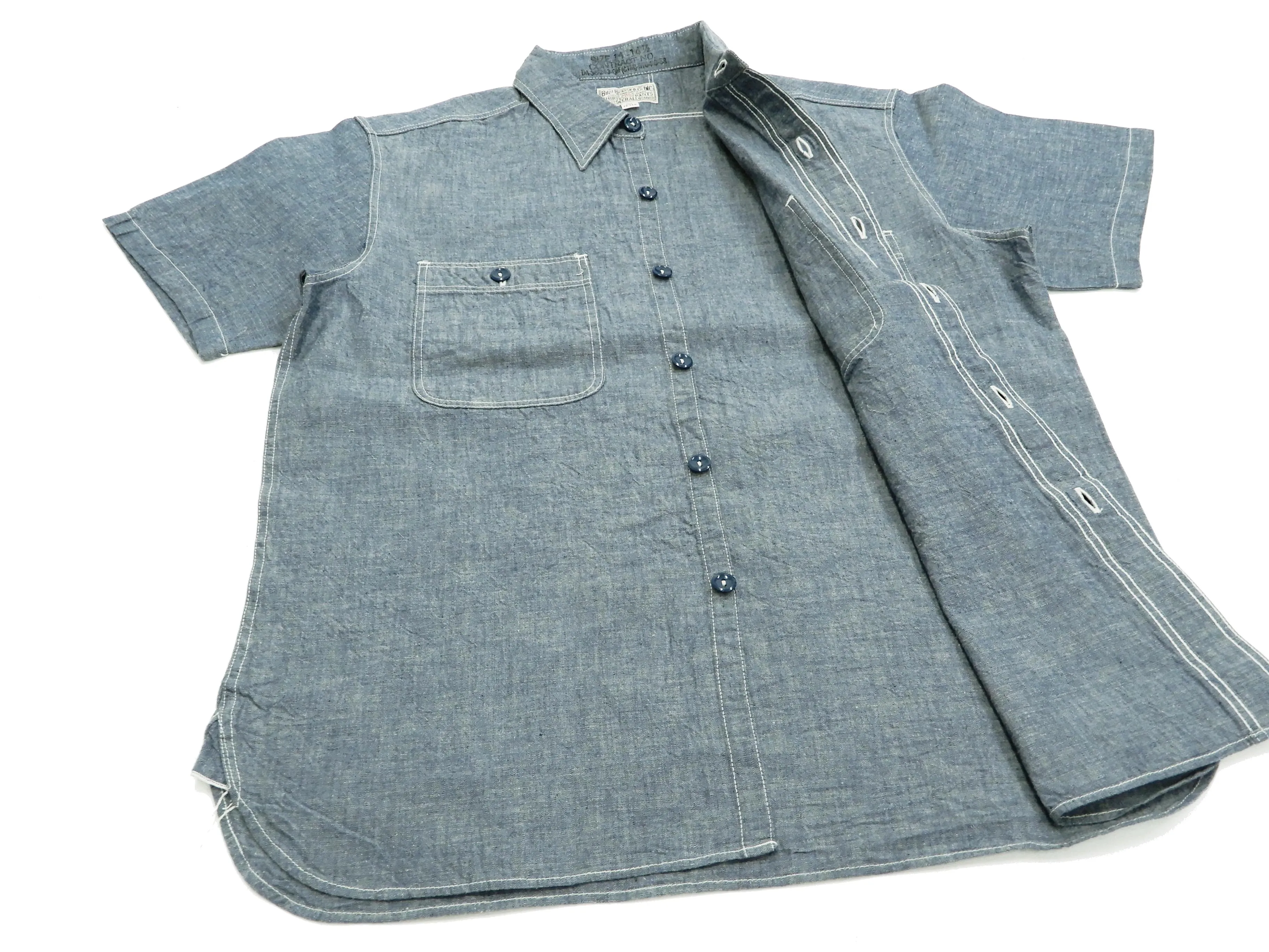 Buzz Rickson Chambray Shirt, Men's U.S. Navy Military Style Short Sleeve Button Up Shirt BR35856 Blue