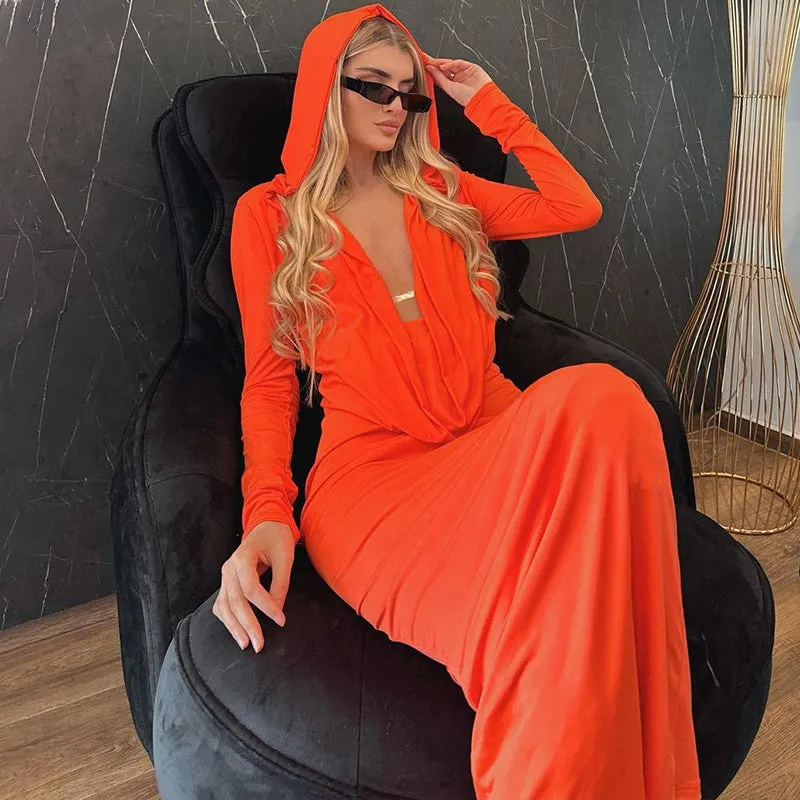 Camilla Deep V Neck Hooded Maxi Dress