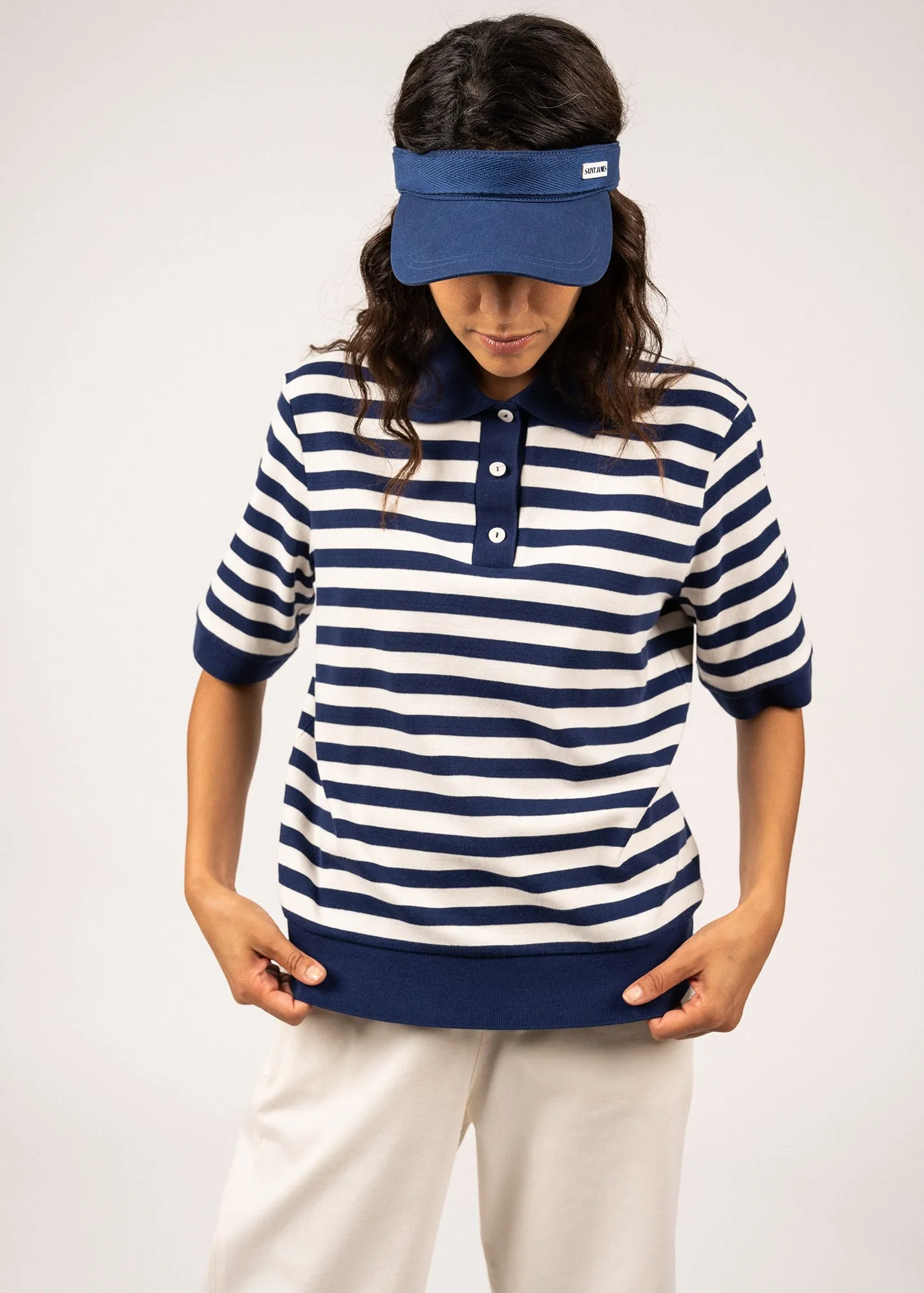 CAROLA - Striped Cotton Polo Shirt  (INDIGO / IVORY)