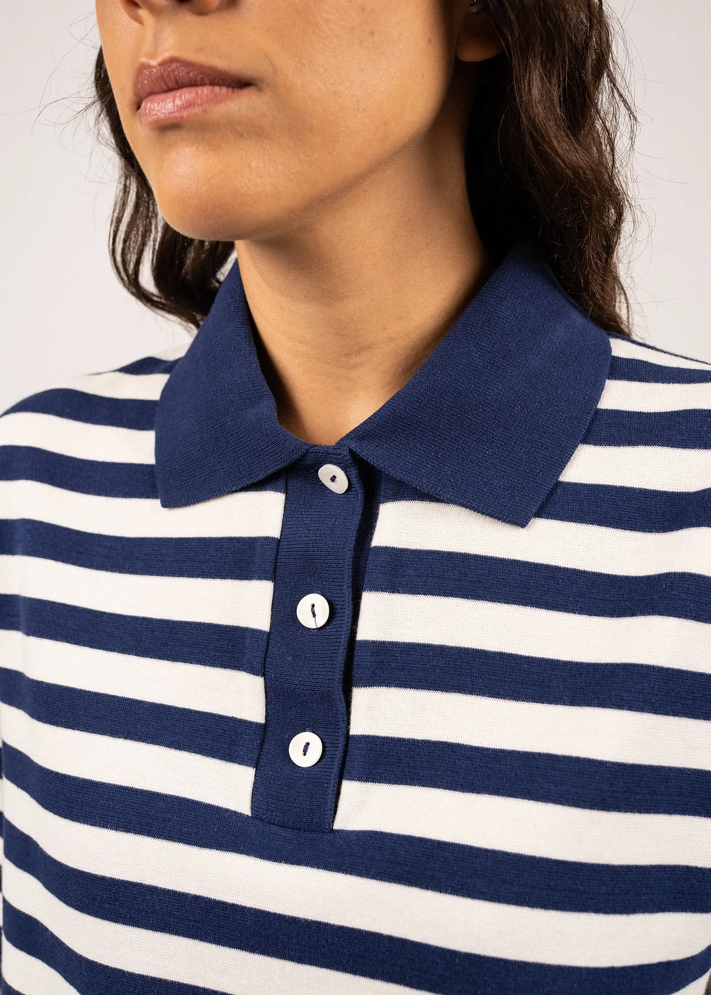 CAROLA - Striped Cotton Polo Shirt  (INDIGO / IVORY)