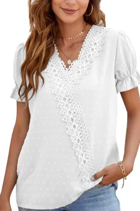 CHIFFON LACE V NECK DOT BLOUSE