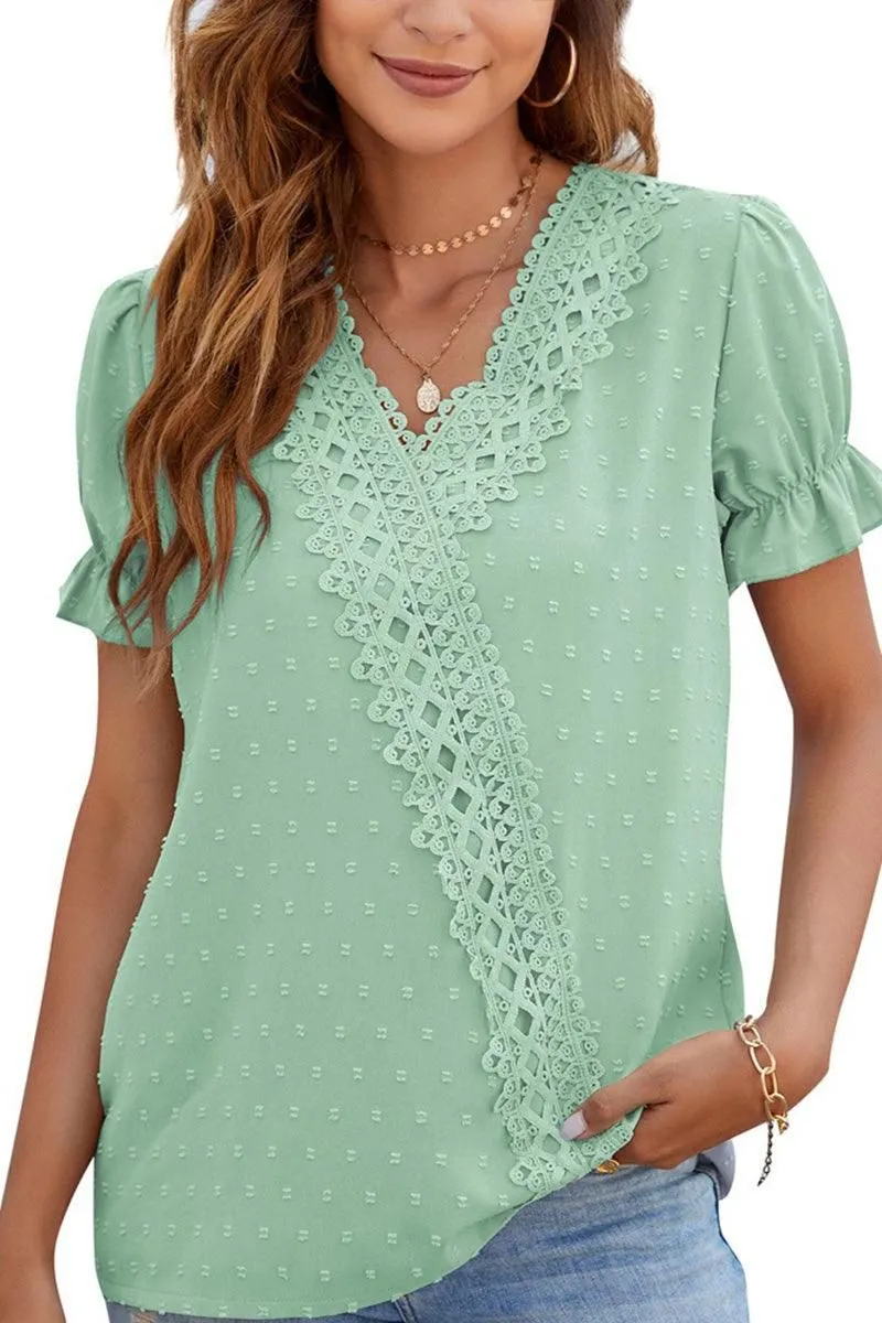 CHIFFON LACE V NECK DOT BLOUSE