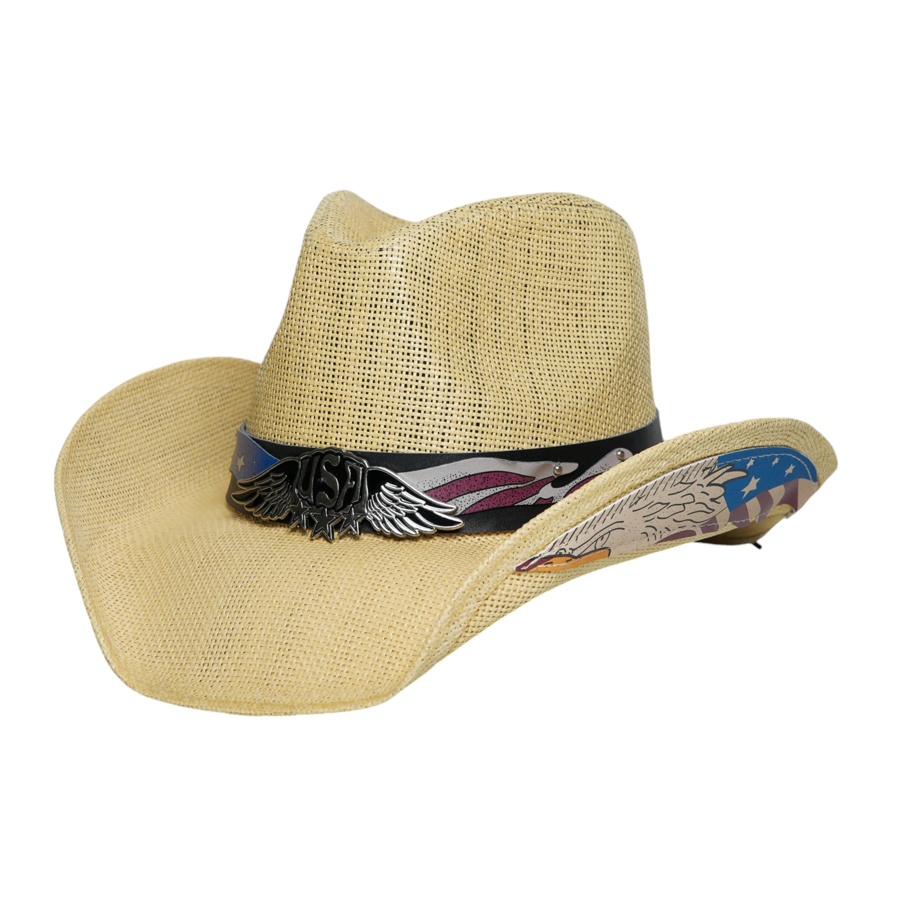 Chokore Handcrafted Straw Cowboy Hat with American Flag Detail (Beige)