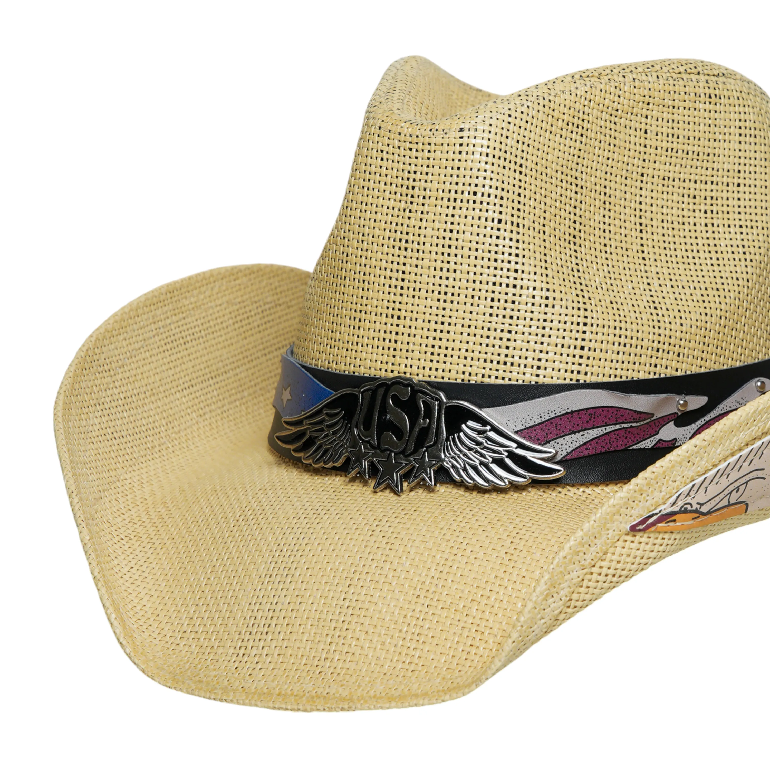 Chokore Handcrafted Straw Cowboy Hat with American Flag Detail (Beige)