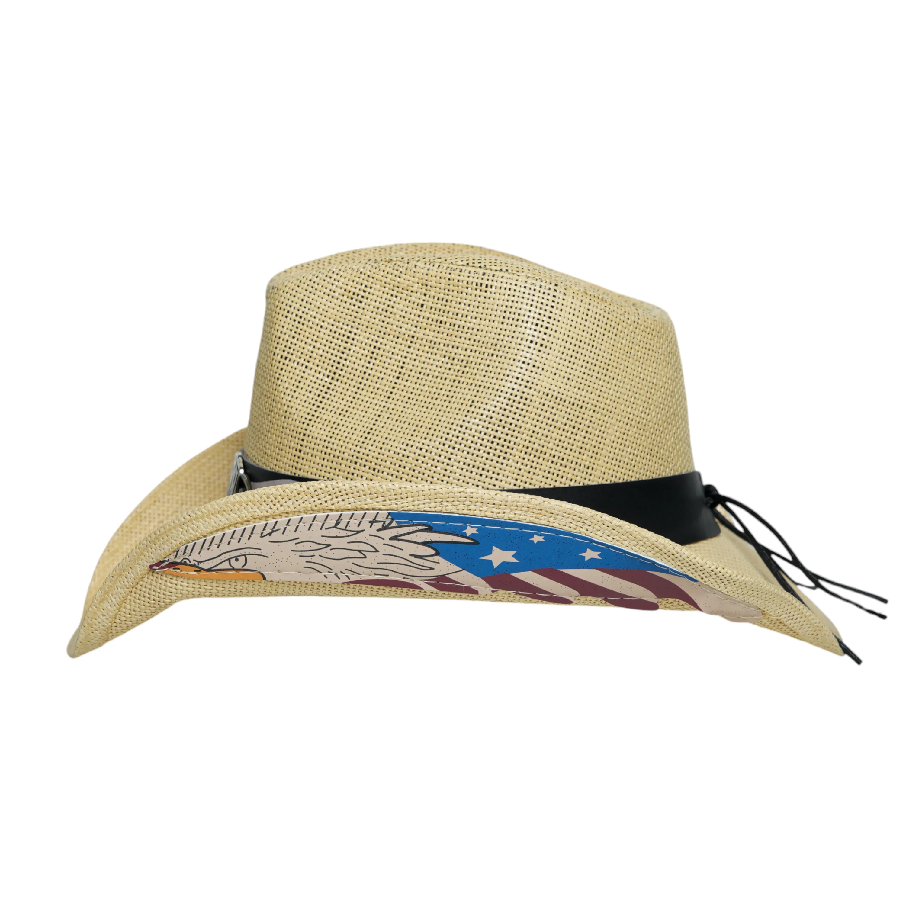 Chokore Handcrafted Straw Cowboy Hat with American Flag Detail (Beige)