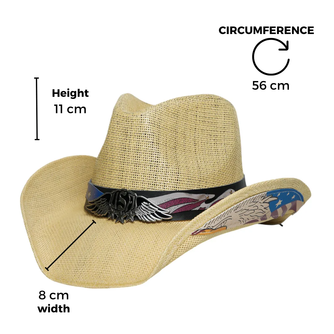 Chokore Handcrafted Straw Cowboy Hat with American Flag Detail (Beige)