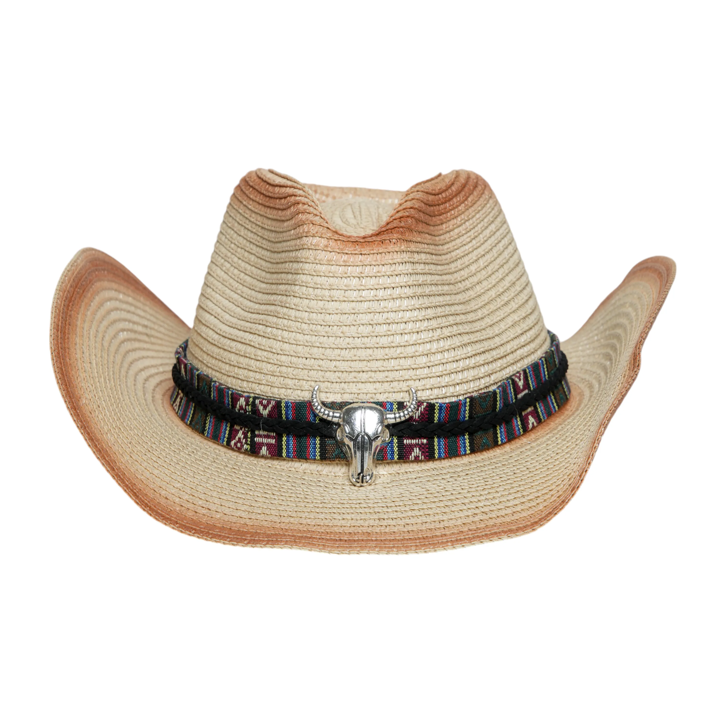 Chokore Ombre Straw Cowboy Hat with Bull Head Belt (Light Brown)