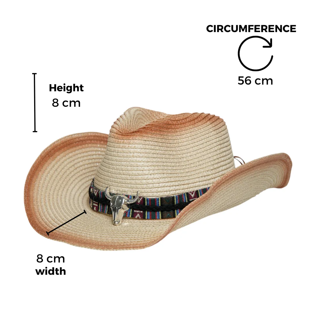 Chokore Ombre Straw Cowboy Hat with Bull Head Belt (Light Brown)