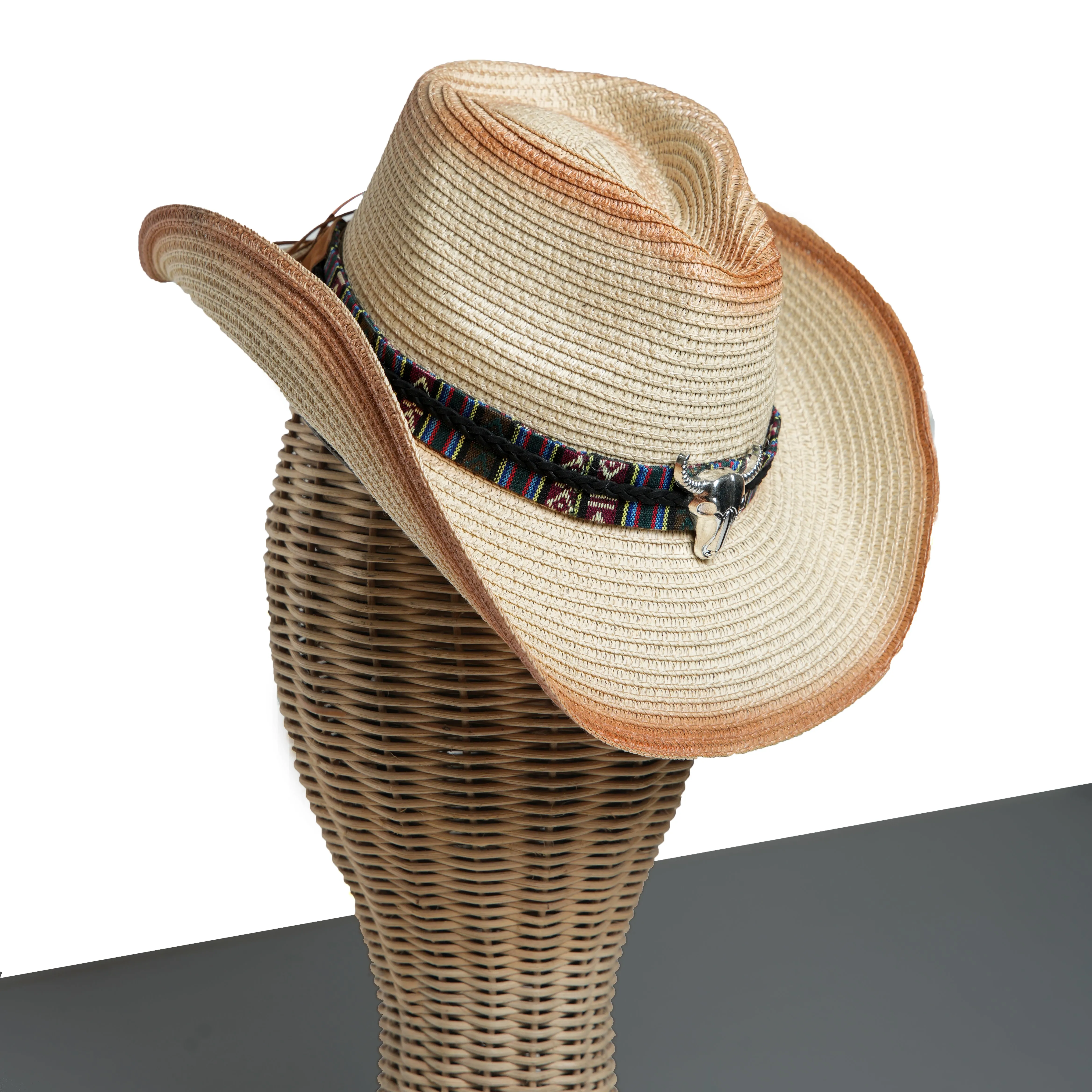 Chokore Ombre Straw Cowboy Hat with Bull Head Belt (Light Brown)