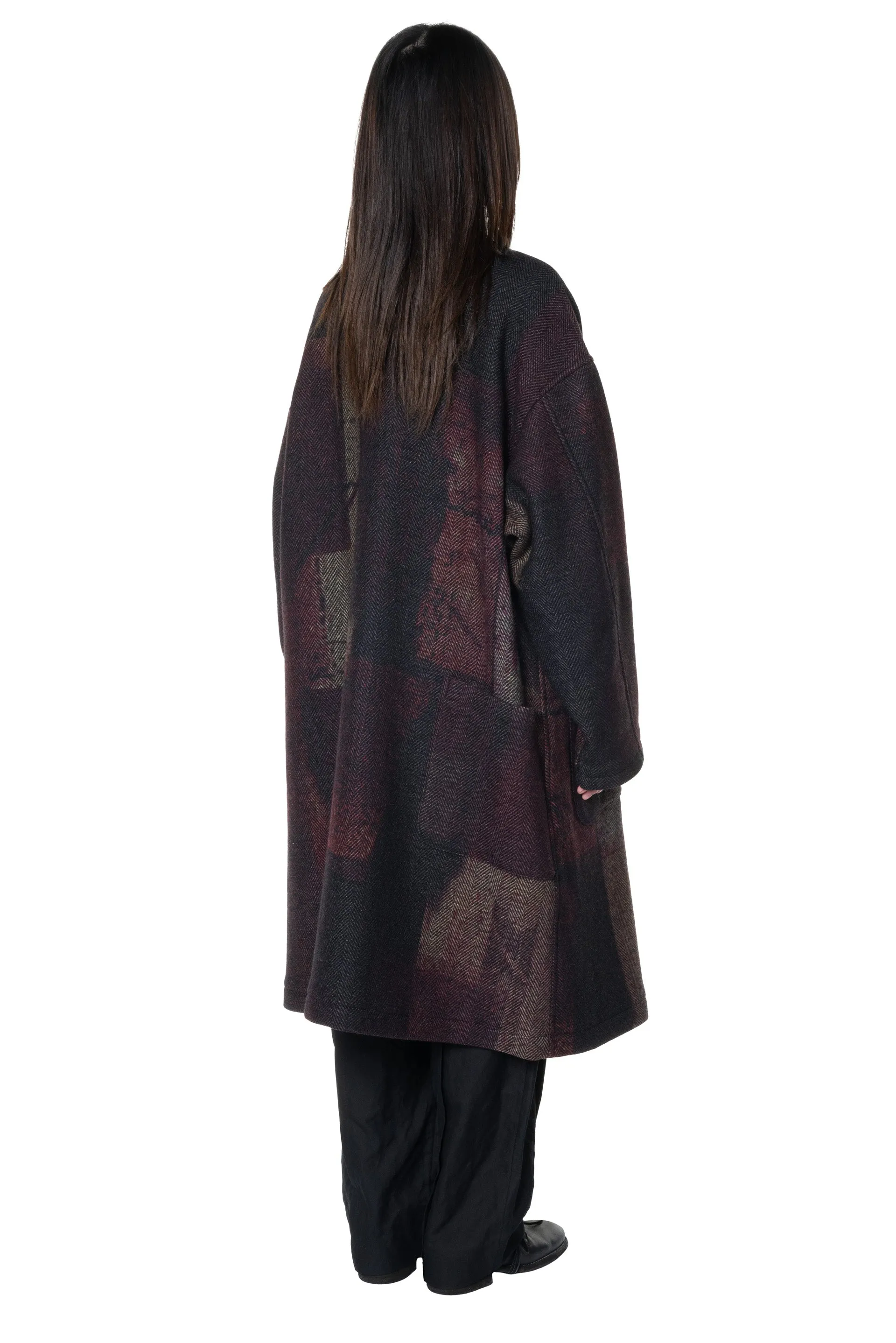 Collarless Coat Herringbone Abstract Block