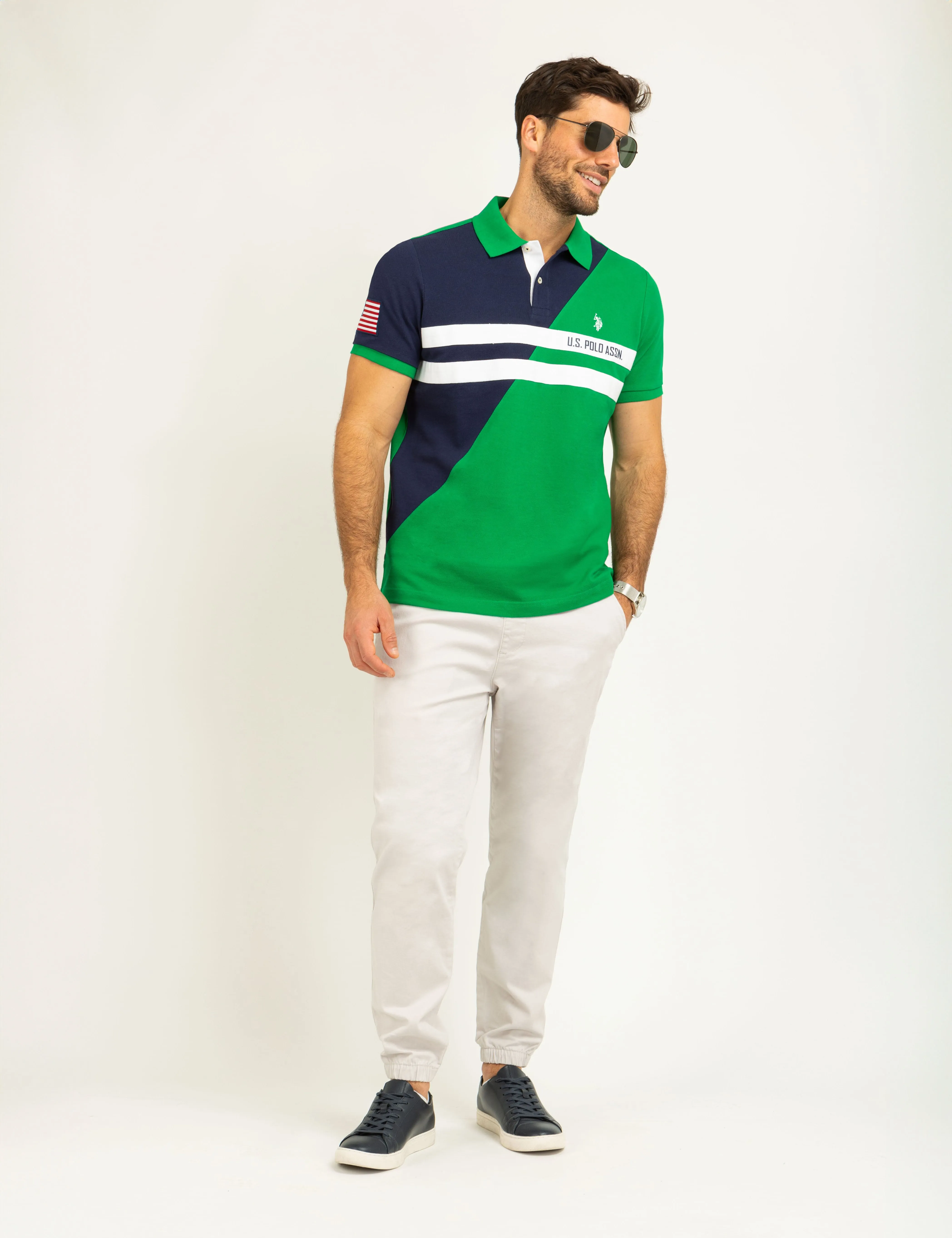 COLOR BLOCK CHEST STRIPE PIQUE POLO SHIRT