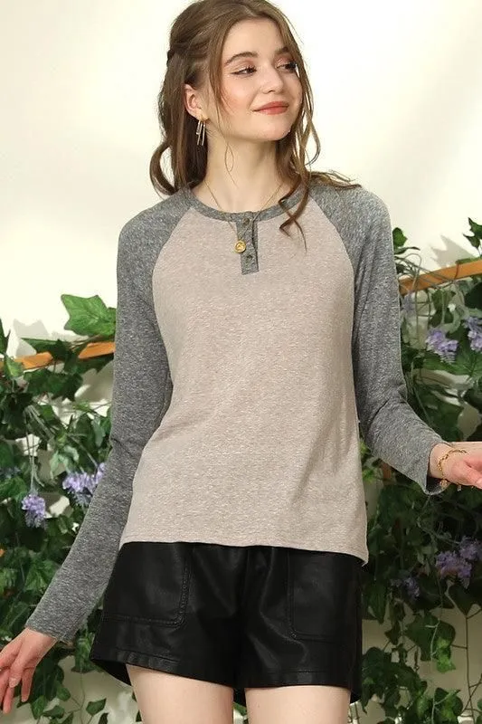 COLOR CONTRAST REGLAN SWEATSHIRTS HENLEY TOP