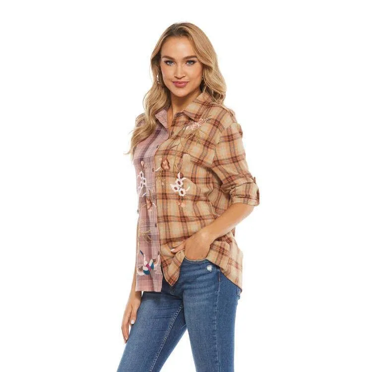 COTTON PLUS-SIZE PATCHWORK PLAID SHIRT_CWTSTL1159