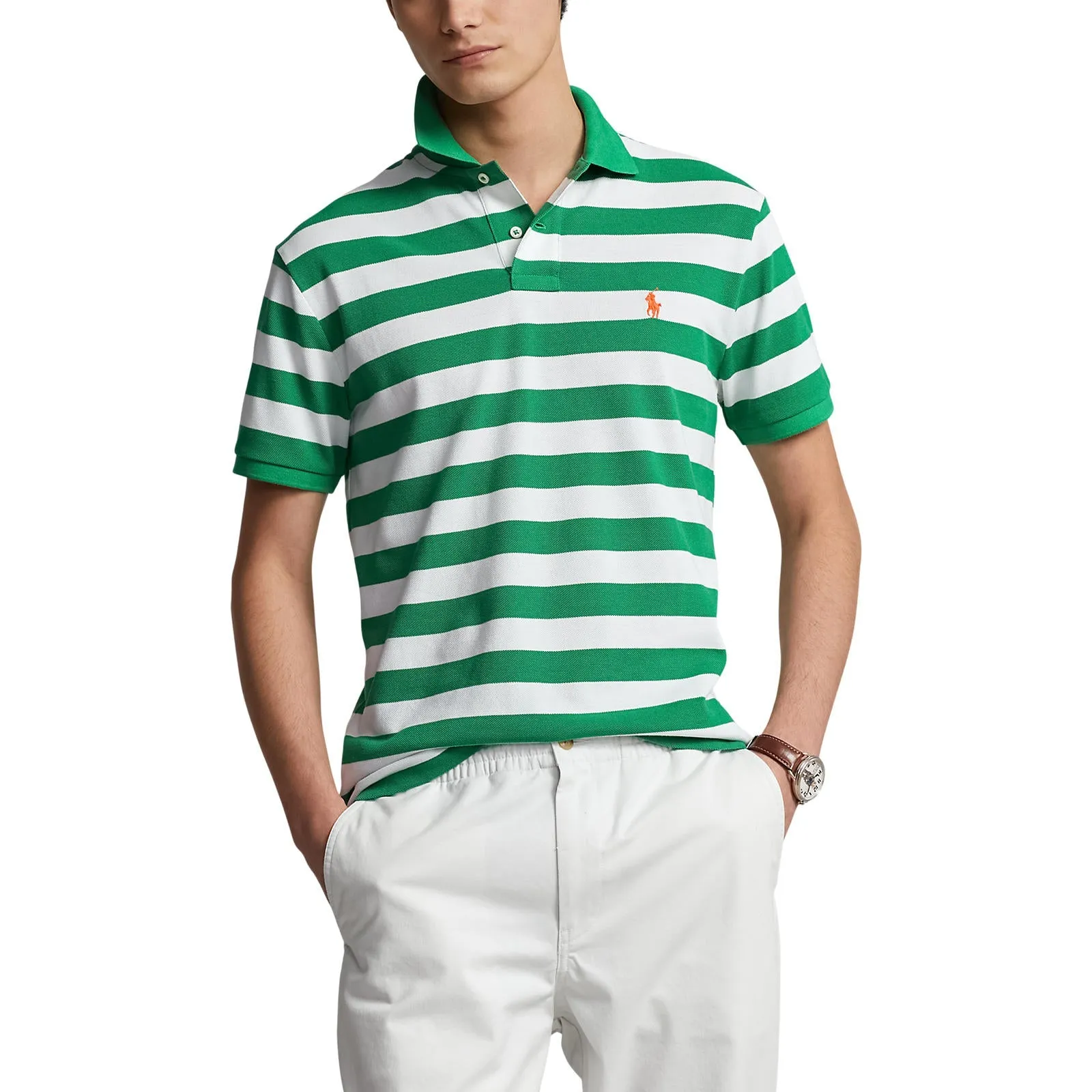 Custom Fit Mesh Polo -  Stripe - Lifeboat Green & White