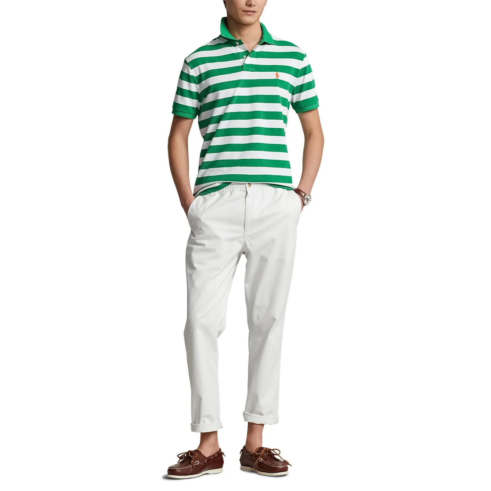 Custom Fit Mesh Polo -  Stripe - Lifeboat Green & White