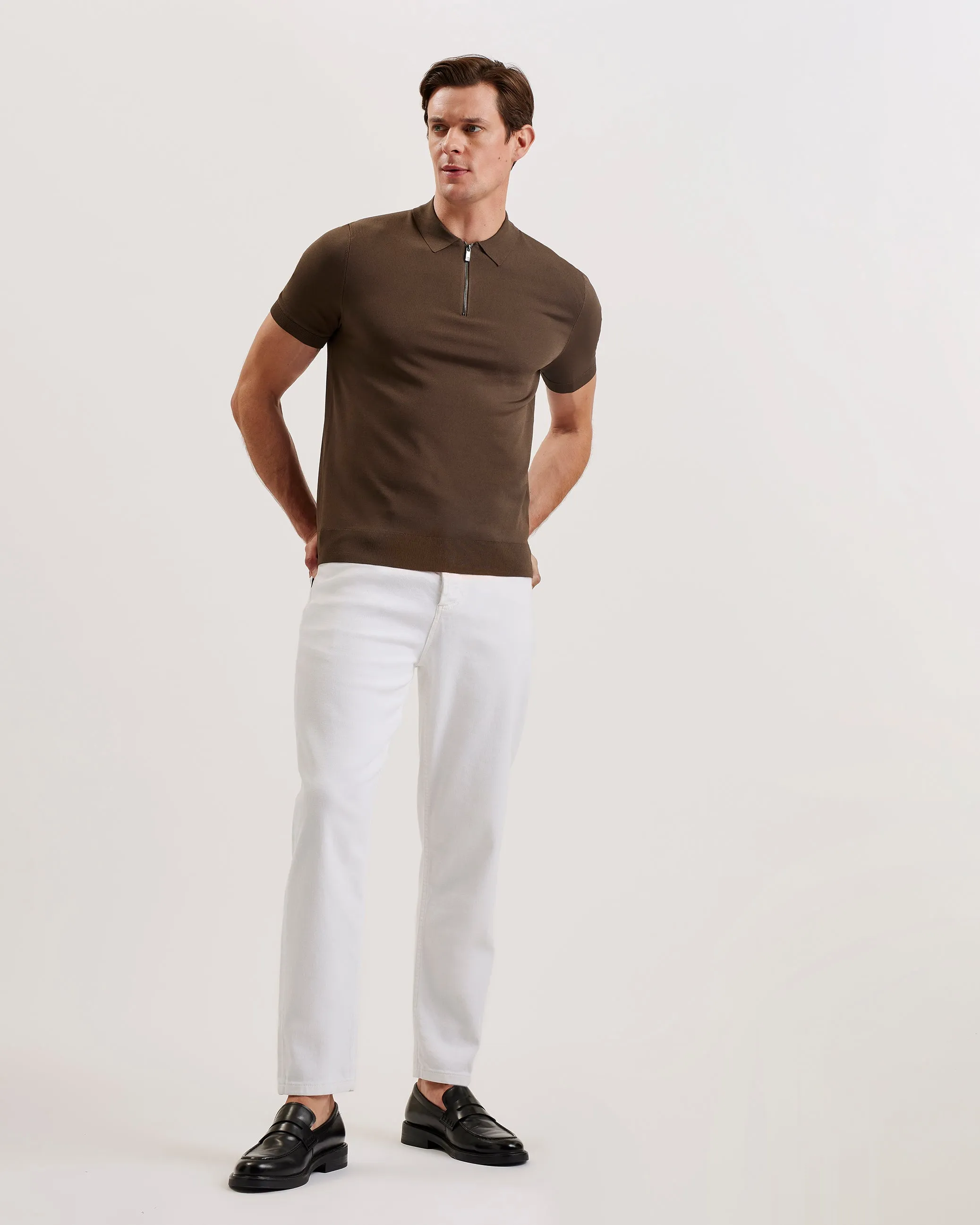 Daldin Short Sleeve Rayon Zip Polo Shirt Dk-Brown