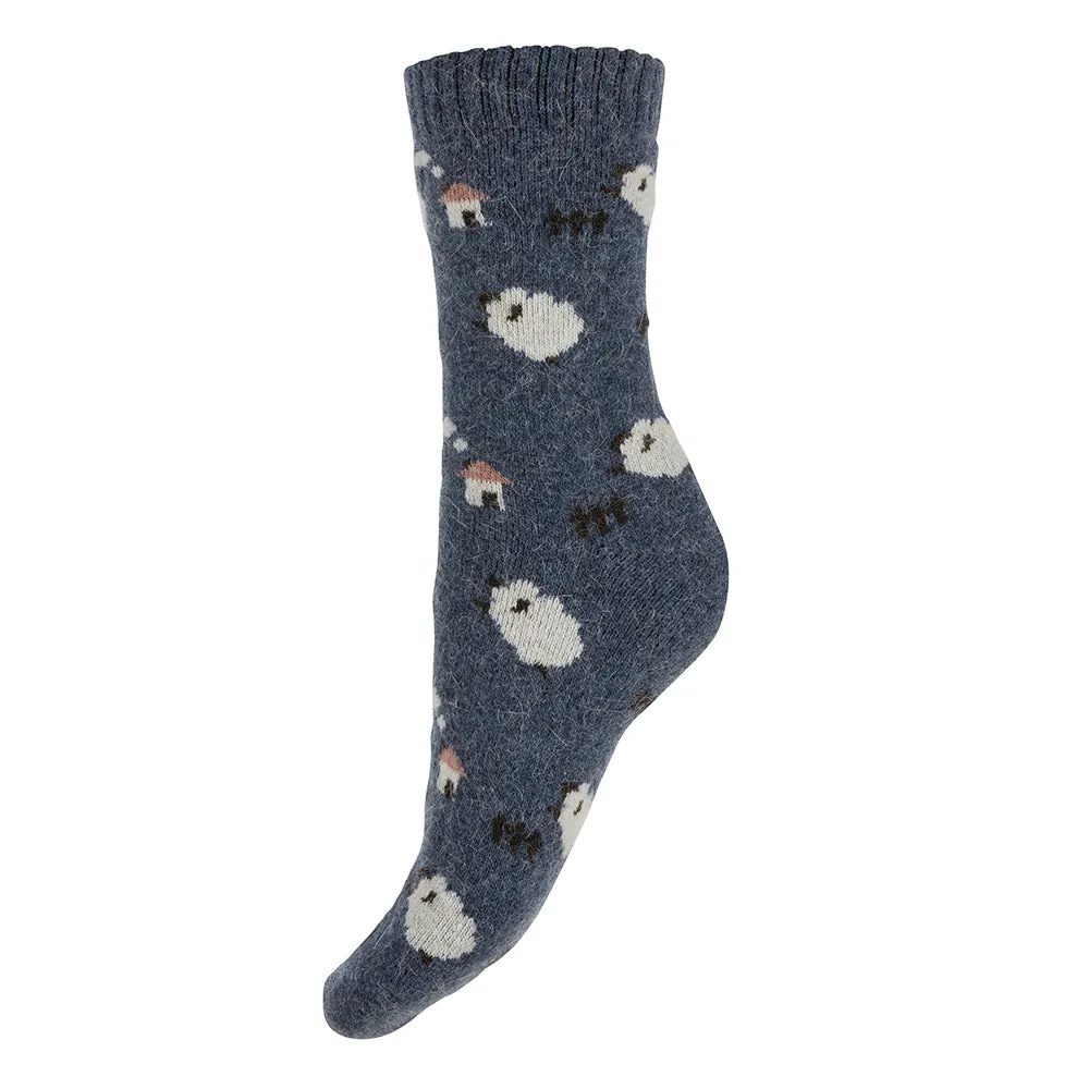 Dark Blue Wool Blend Socks with Sheep