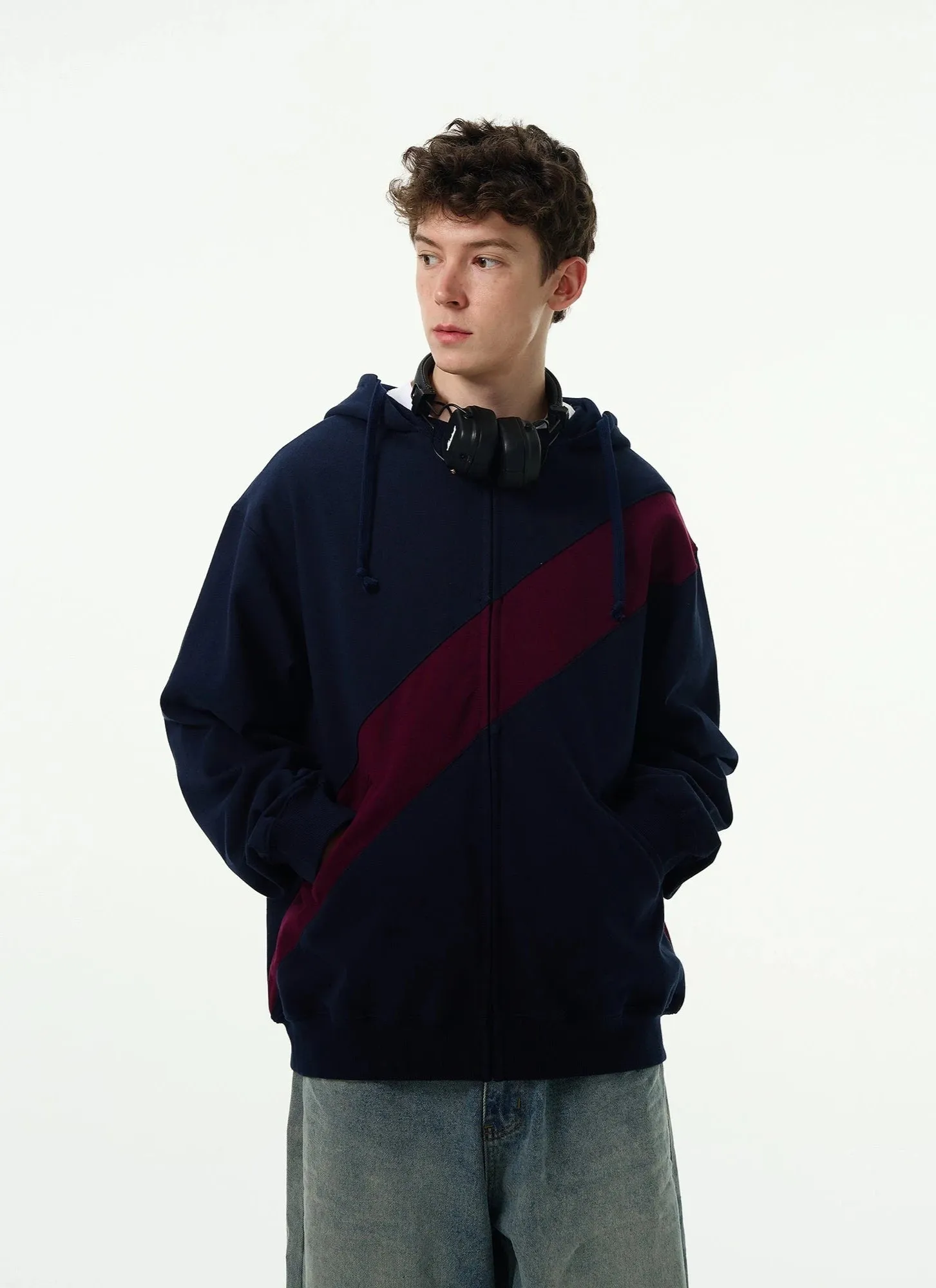 Diagonal-Stripe Zip-Up Hoodie Jacket