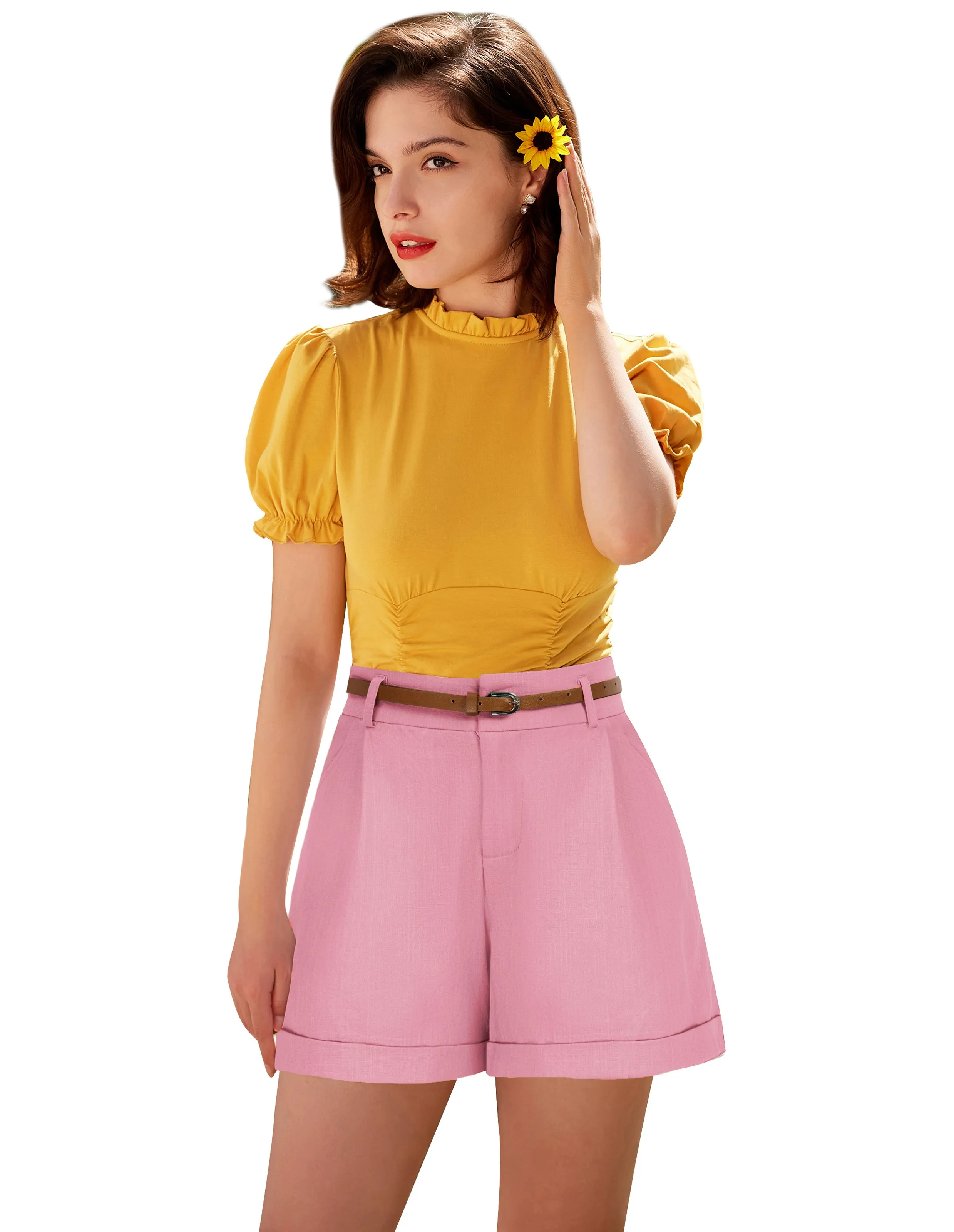 Elastic Waist Fold-up Leg Opening Cotton Shorts with Belt