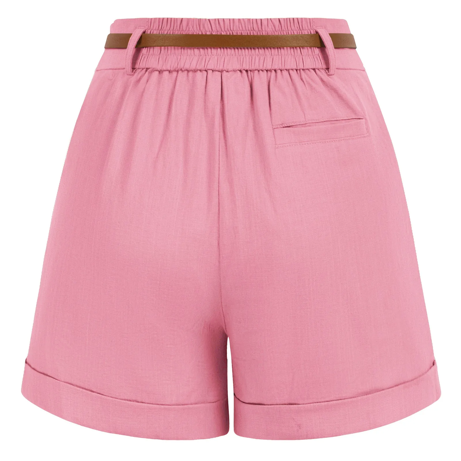 Elastic Waist Fold-up Leg Opening Cotton Shorts with Belt