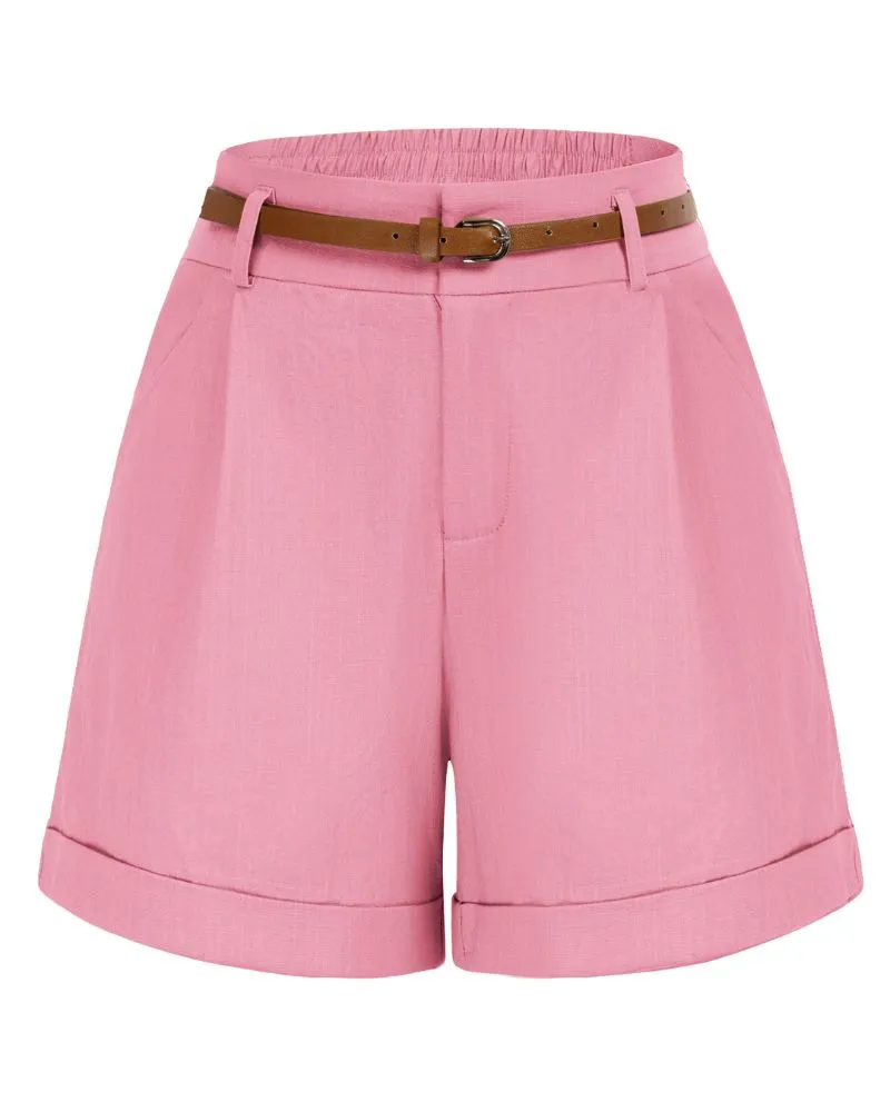 Elastic Waist Fold-up Leg Opening Cotton Shorts with Belt