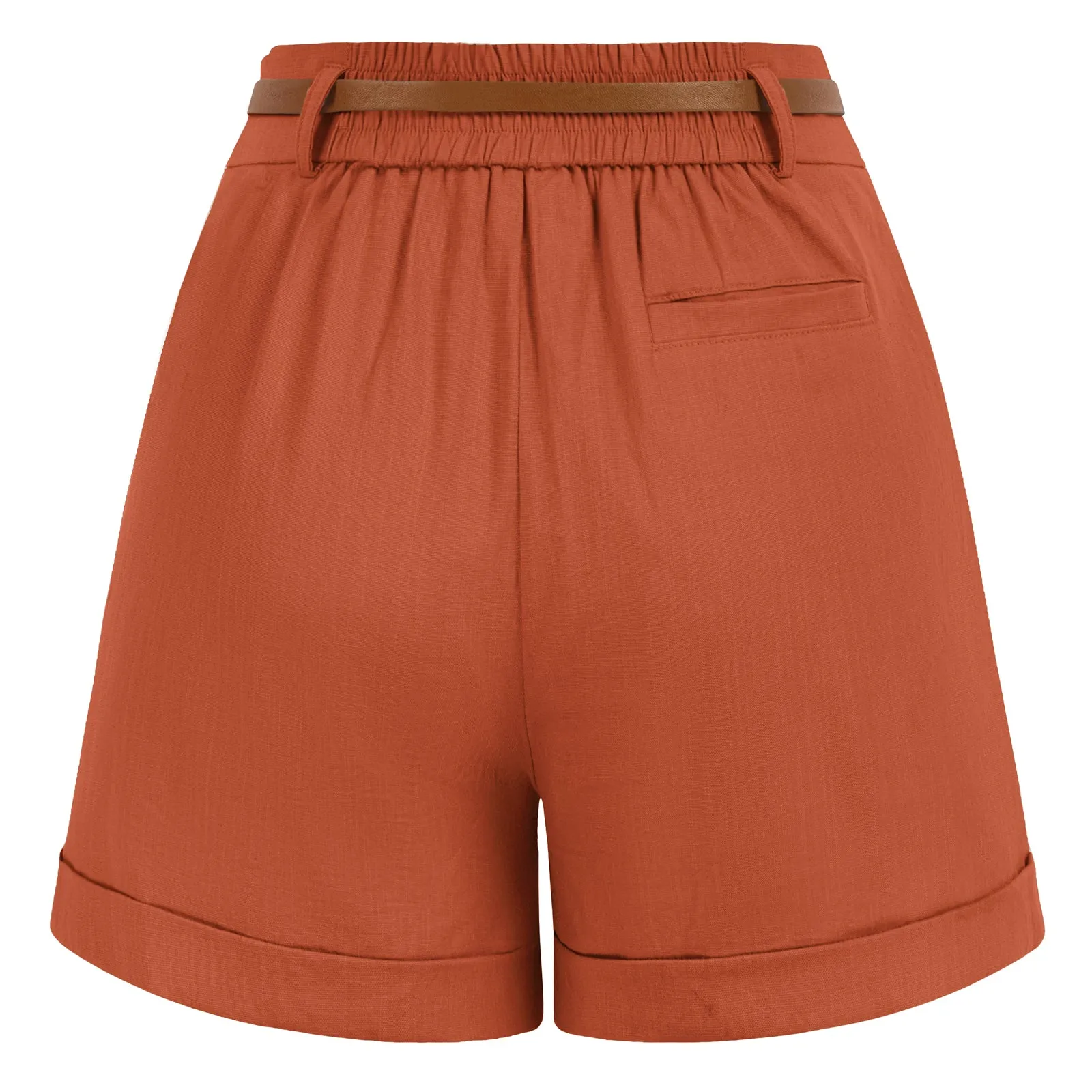 Elastic Waist Fold-up Leg Opening Cotton Shorts with Belt