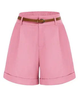 Elastic Waist Fold-up Leg Opening Cotton Shorts with Belt