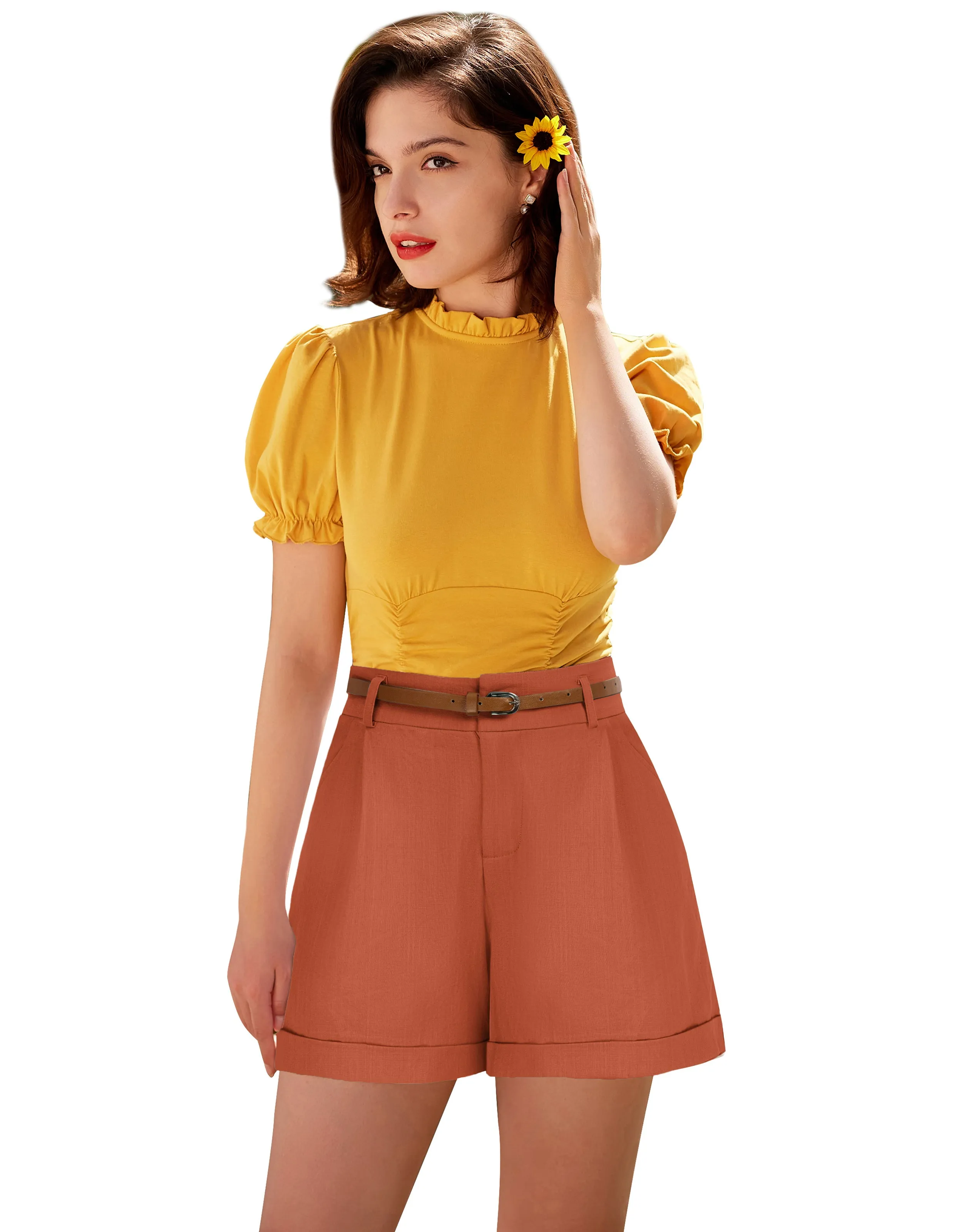 Elastic Waist Fold-up Leg Opening Cotton Shorts with Belt