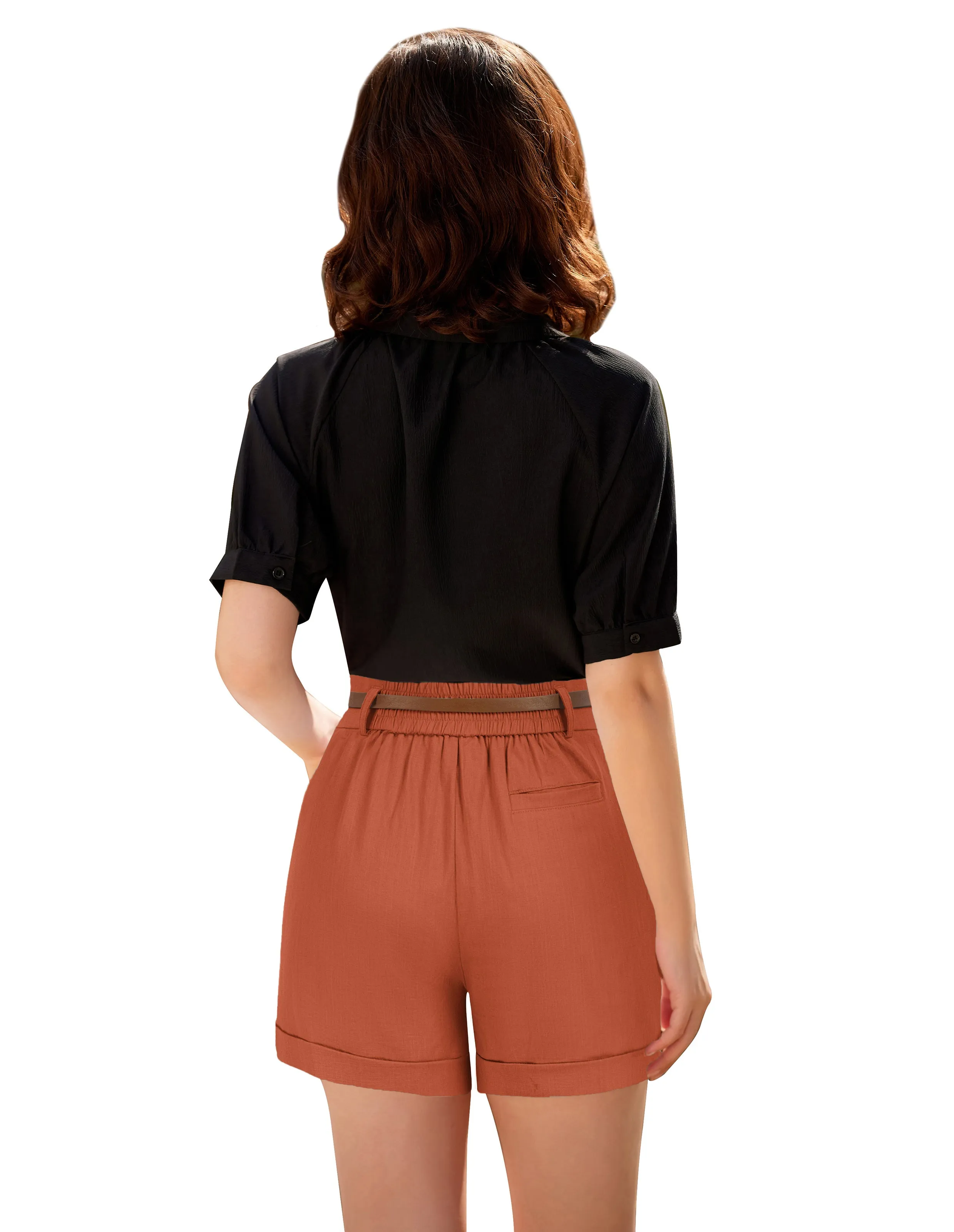 Elastic Waist Fold-up Leg Opening Cotton Shorts with Belt