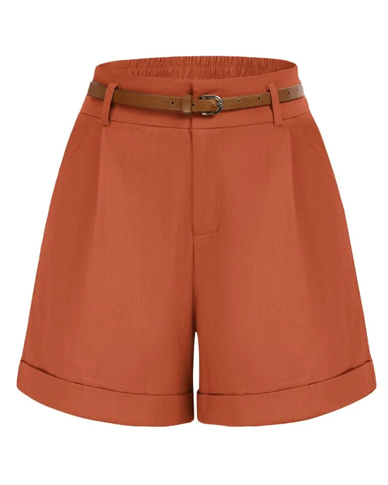 Elastic Waist Fold-up Leg Opening Cotton Shorts with Belt