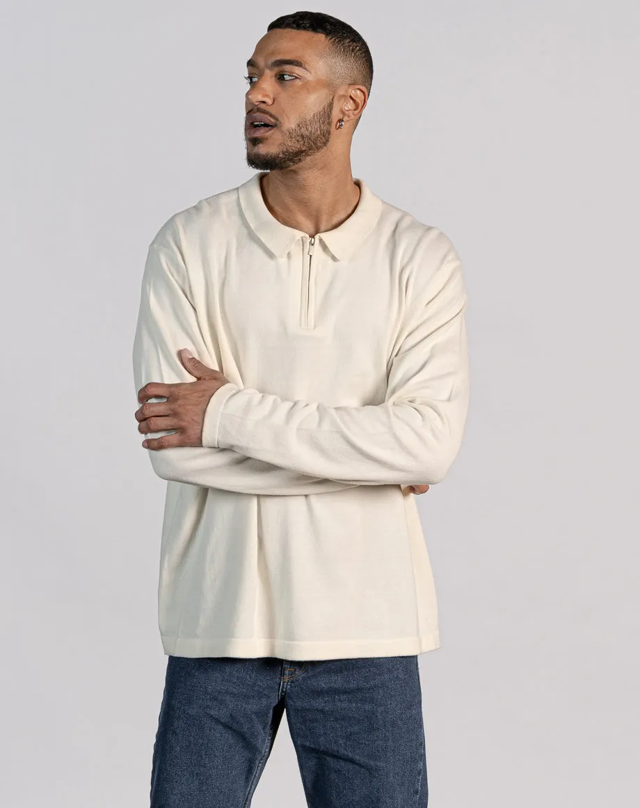 ESSENTIAL OVERSIZED LONG SLEEVE ZIPPED NECK POLO - ECRU