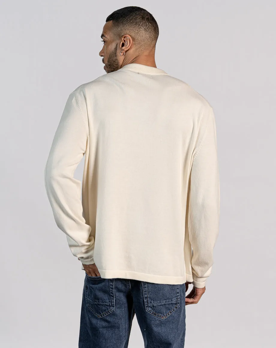 ESSENTIAL OVERSIZED LONG SLEEVE ZIPPED NECK POLO - ECRU