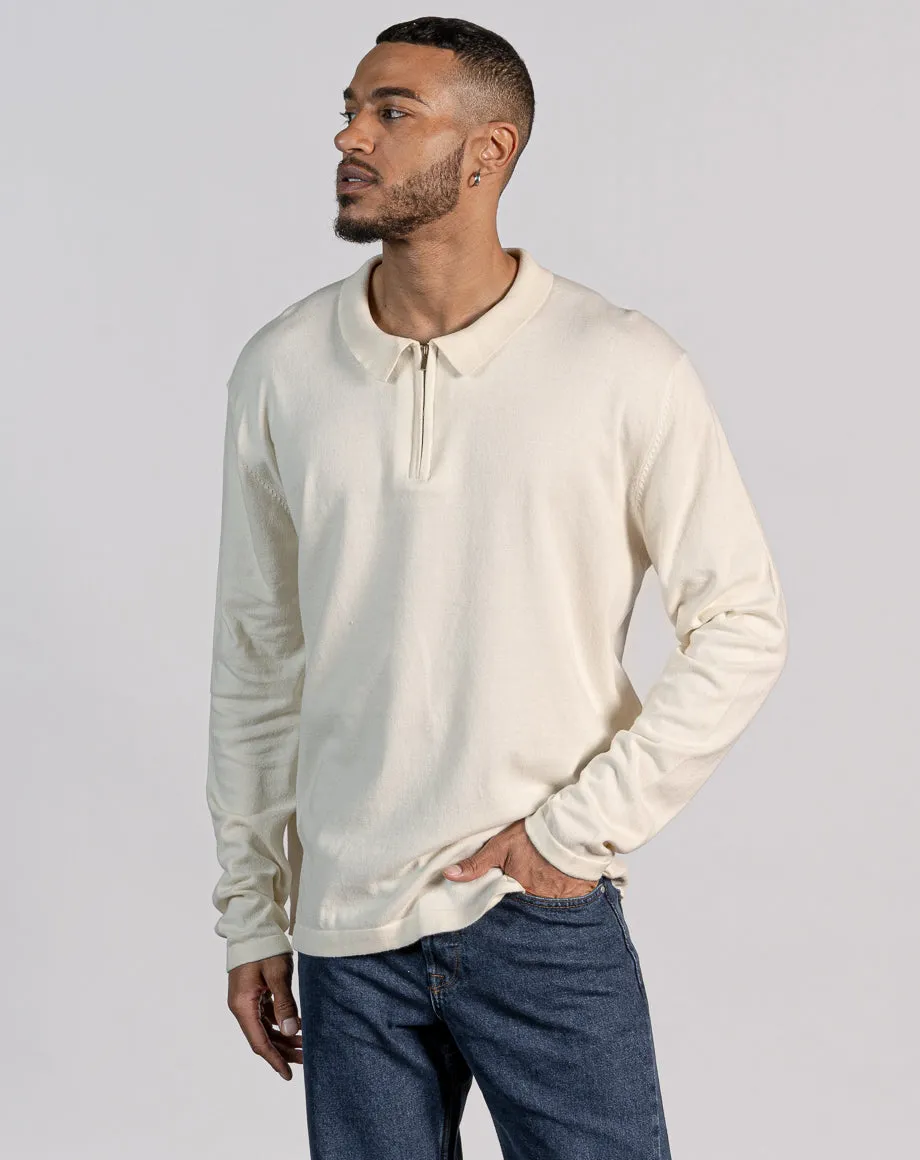 ESSENTIAL OVERSIZED LONG SLEEVE ZIPPED NECK POLO - ECRU