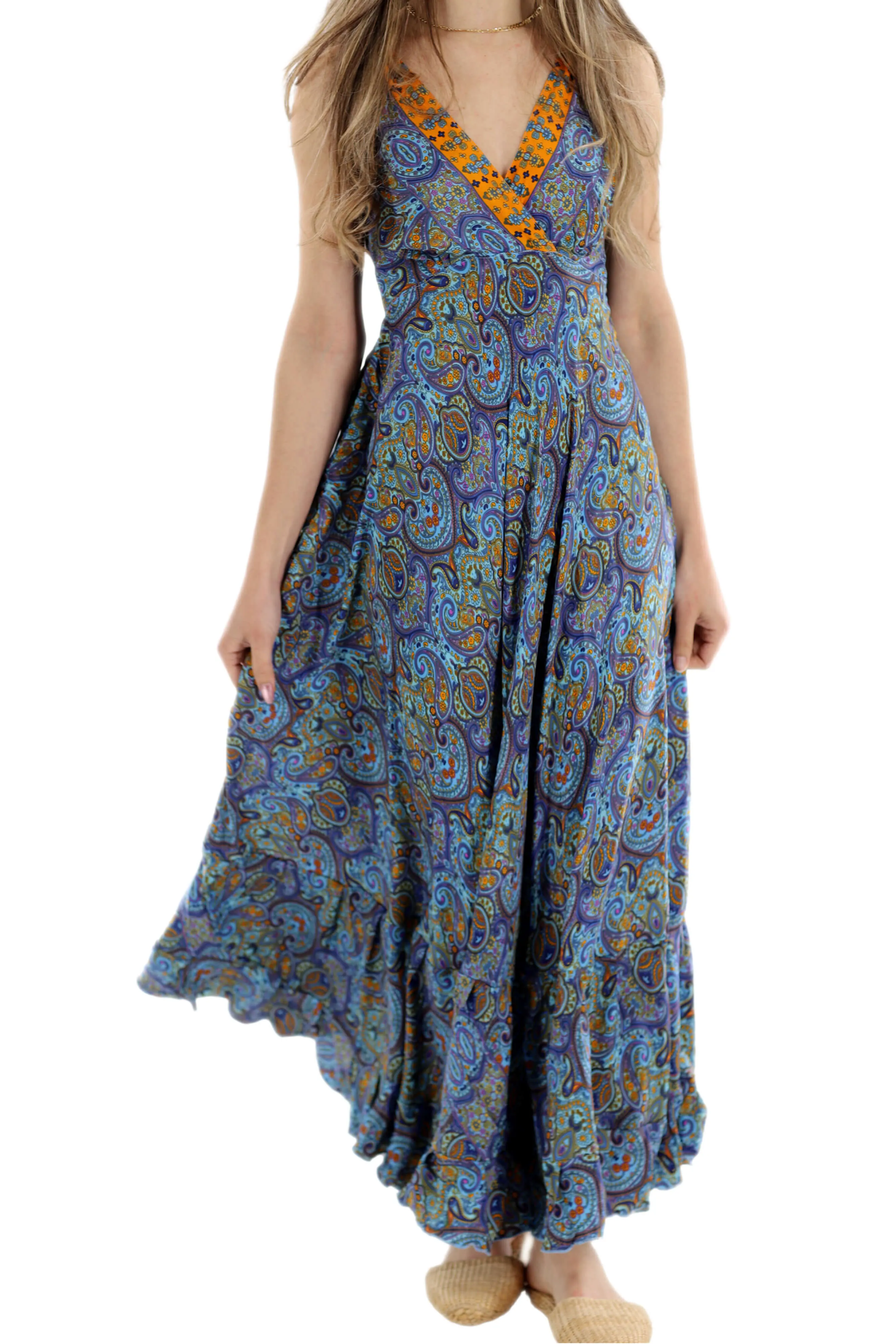 Flowy Long "Laura" 2024 Ver. V Neck Line Dress in Blue