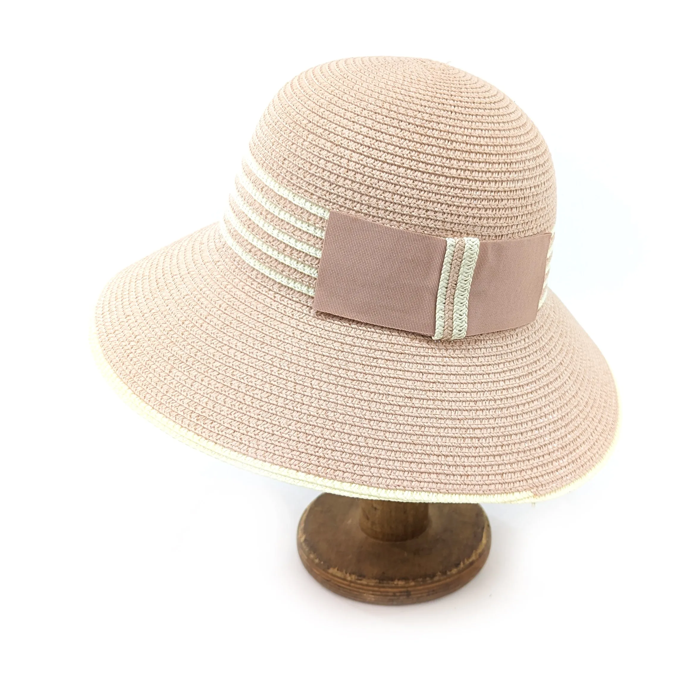 Folding Cloche Style Travel Sun Hat - Pink with White Stripey Band