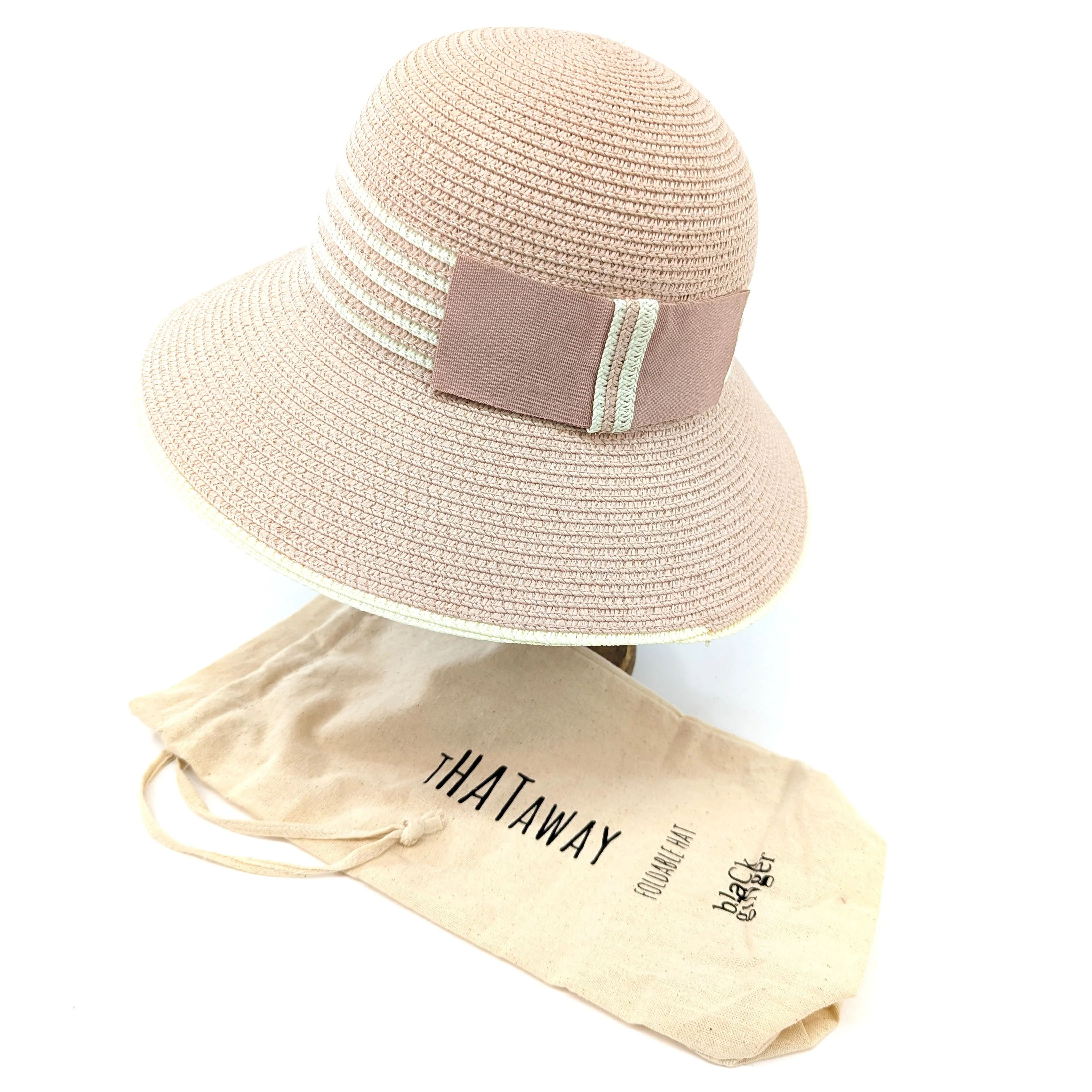 Folding Cloche Style Travel Sun Hat - Pink with White Stripey Band