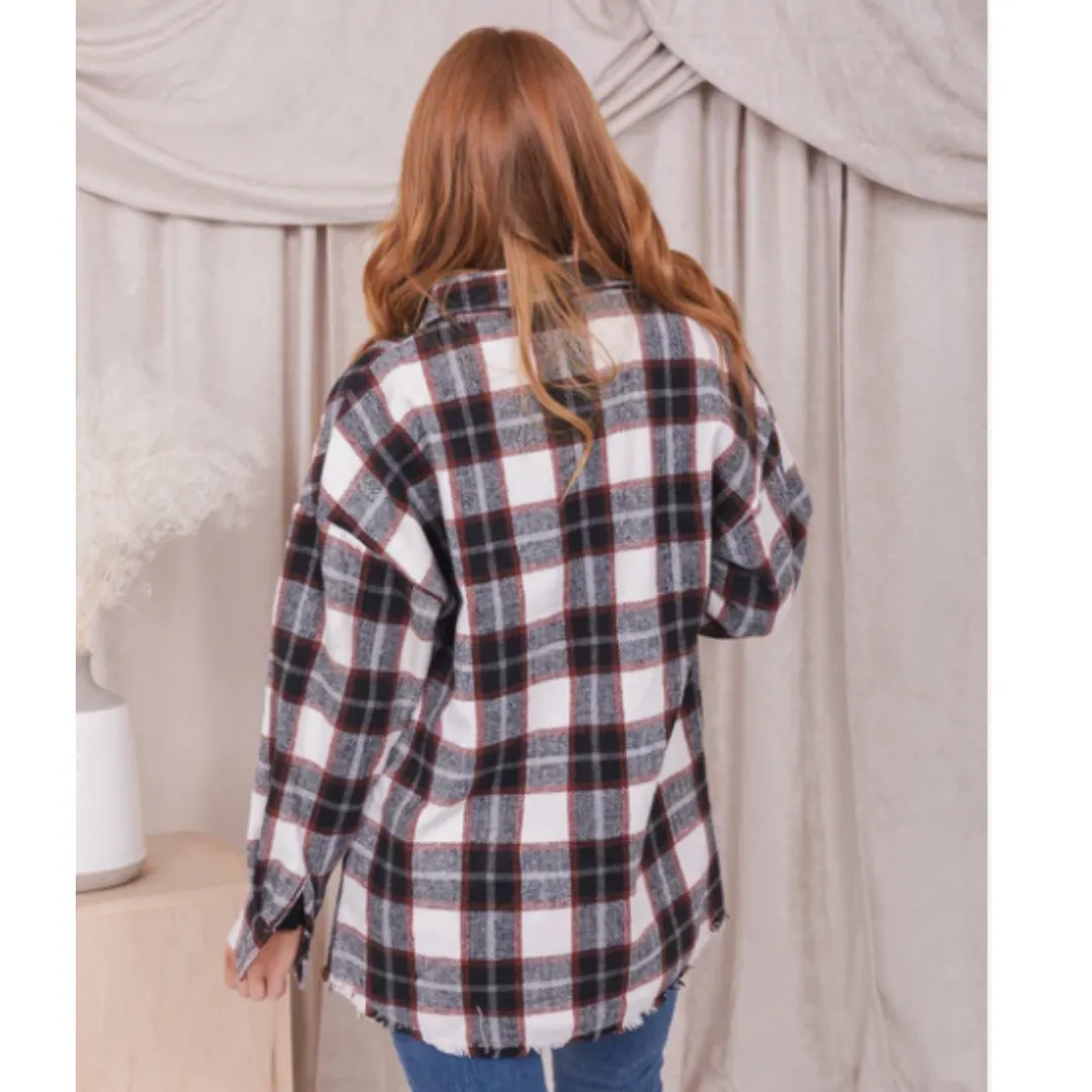 Fringe Hem Shacket in Black Checkered