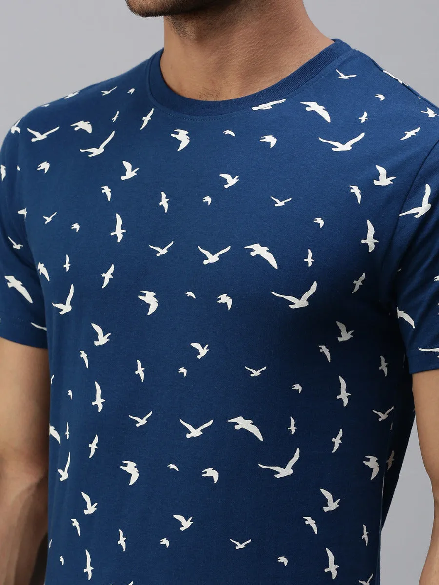 Graphic Printed Round Neck Casual T-Shirt Navy GT31