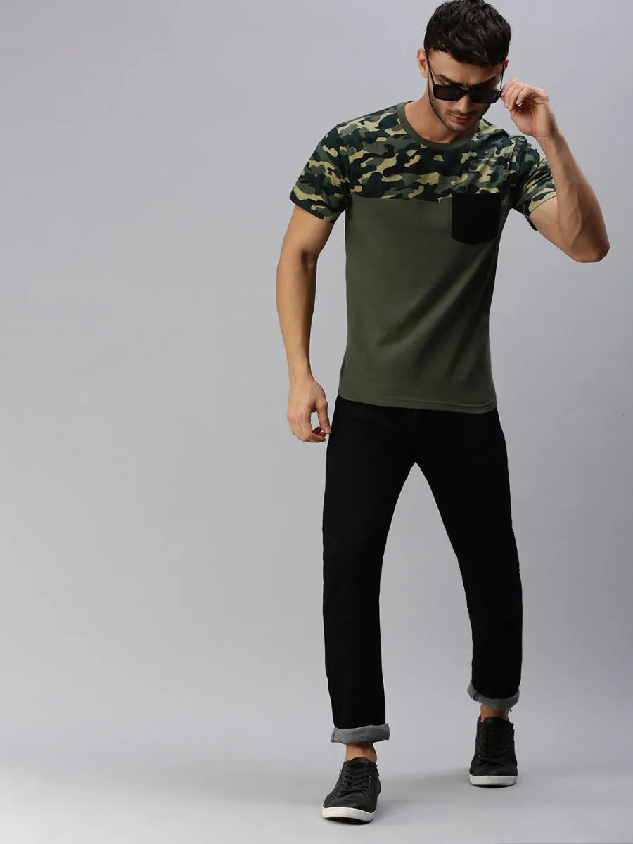 Graphic Printed Round Neck Casual T-Shirt With Pocket Green GT32