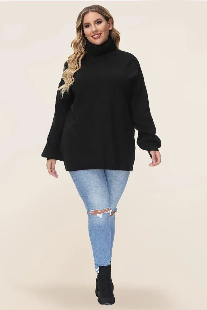 HN Women Plus Size Lantern Sleeve Sweater Loose Fit Turtleneck Pullover Knitwear