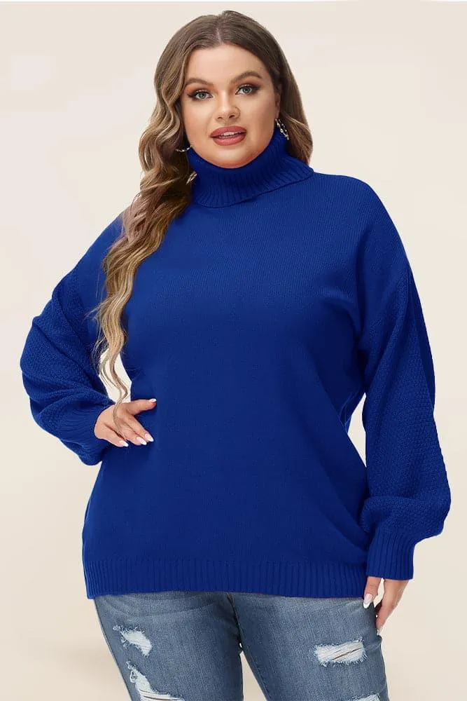 HN Women Plus Size Lantern Sleeve Sweater Loose Fit Turtleneck Pullover Knitwear