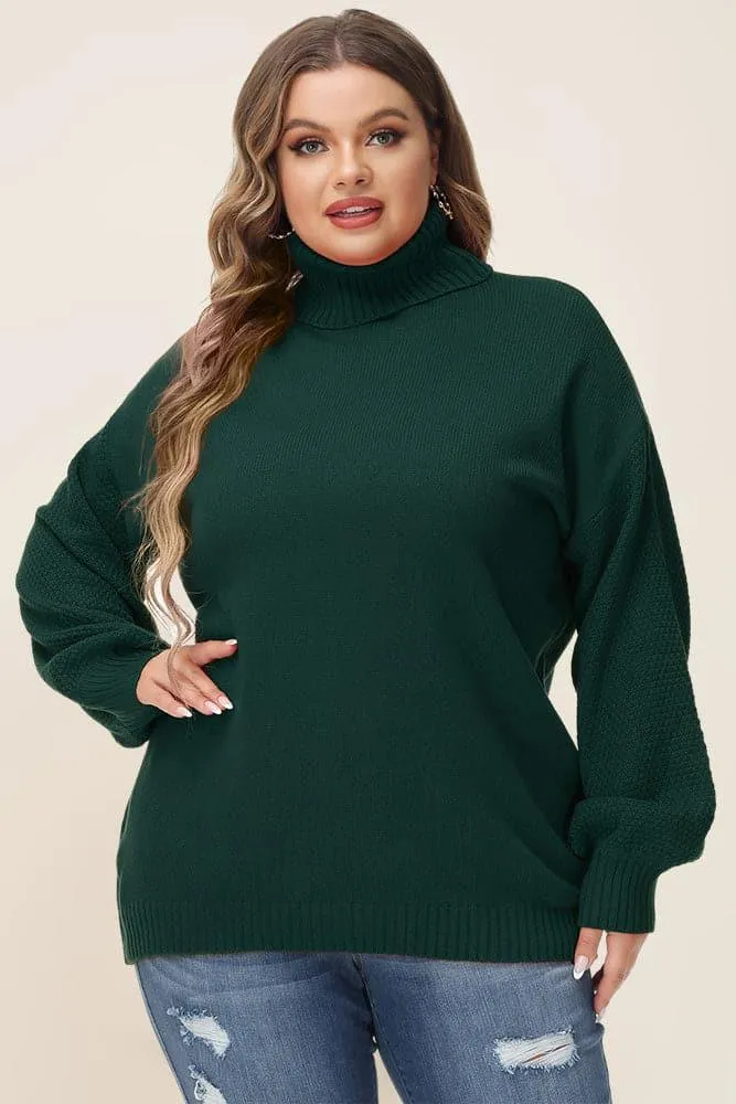 HN Women Plus Size Lantern Sleeve Sweater Loose Fit Turtleneck Pullover Knitwear