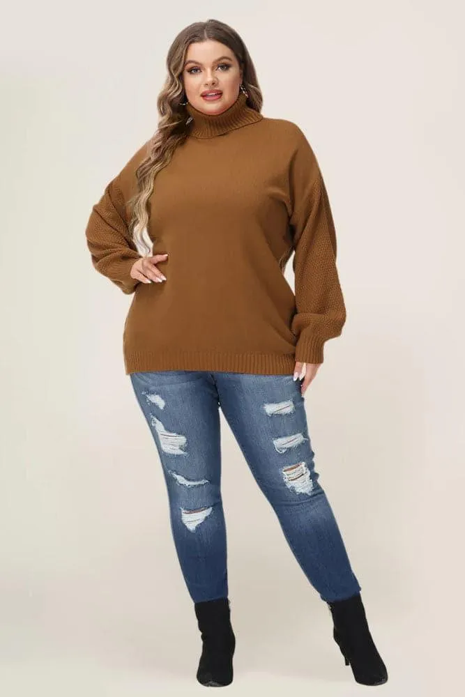 HN Women Plus Size Lantern Sleeve Sweater Loose Fit Turtleneck Pullover Knitwear