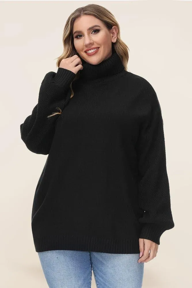 HN Women Plus Size Lantern Sleeve Sweater Loose Fit Turtleneck Pullover Knitwear