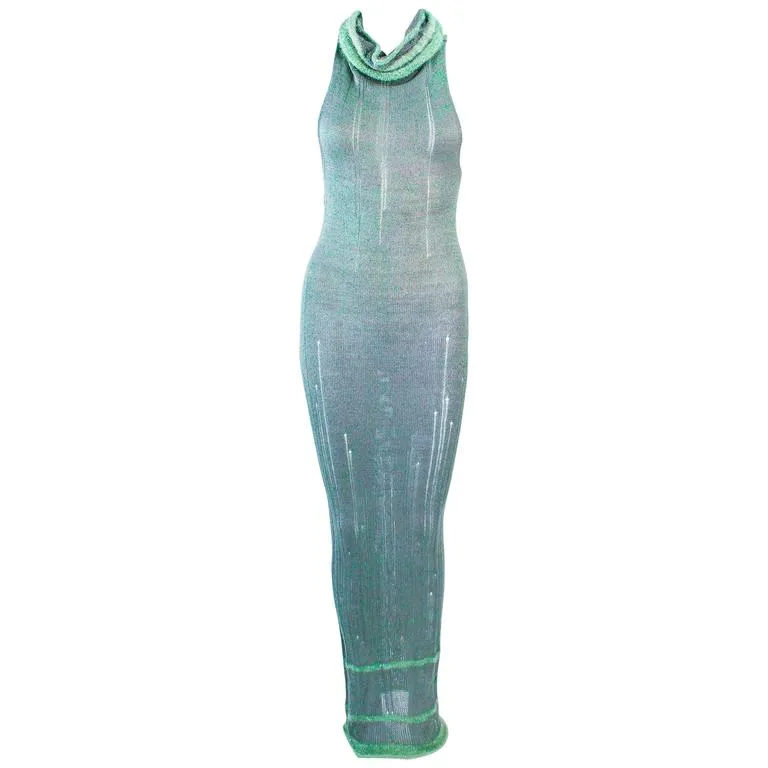 KORBOL 2005 Aqua Iridescent Knit Sheer Maxi Dress Size 4