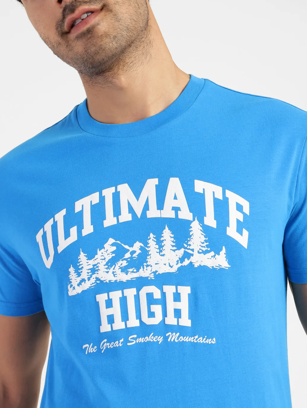 Men's Blue Typography Printed Crew Neck T-Shirt